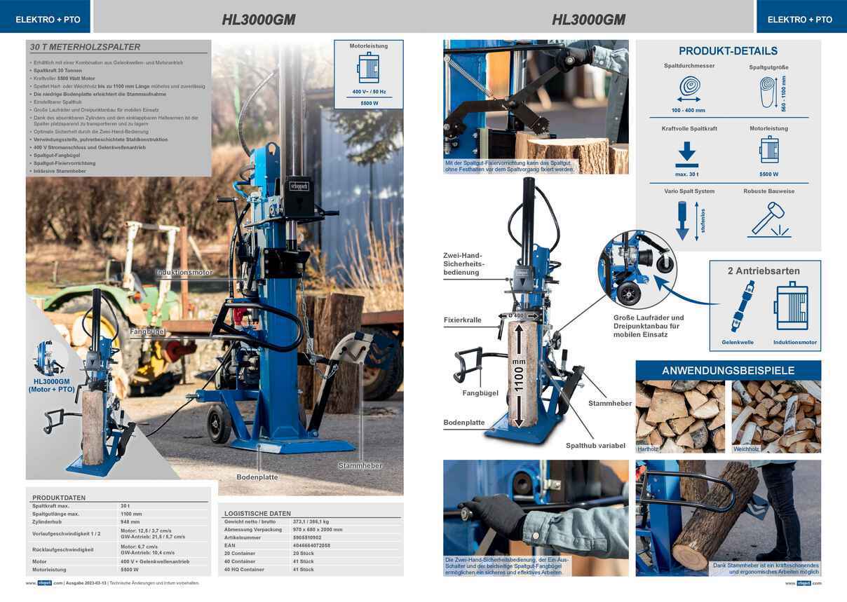 Scheppach Meterholzspalter HL3000GM, 30 t, 5500 W, 400 V +  Gelenkwellenantrieb, inkl. Stammheber - Leitermann | LEITERMANN