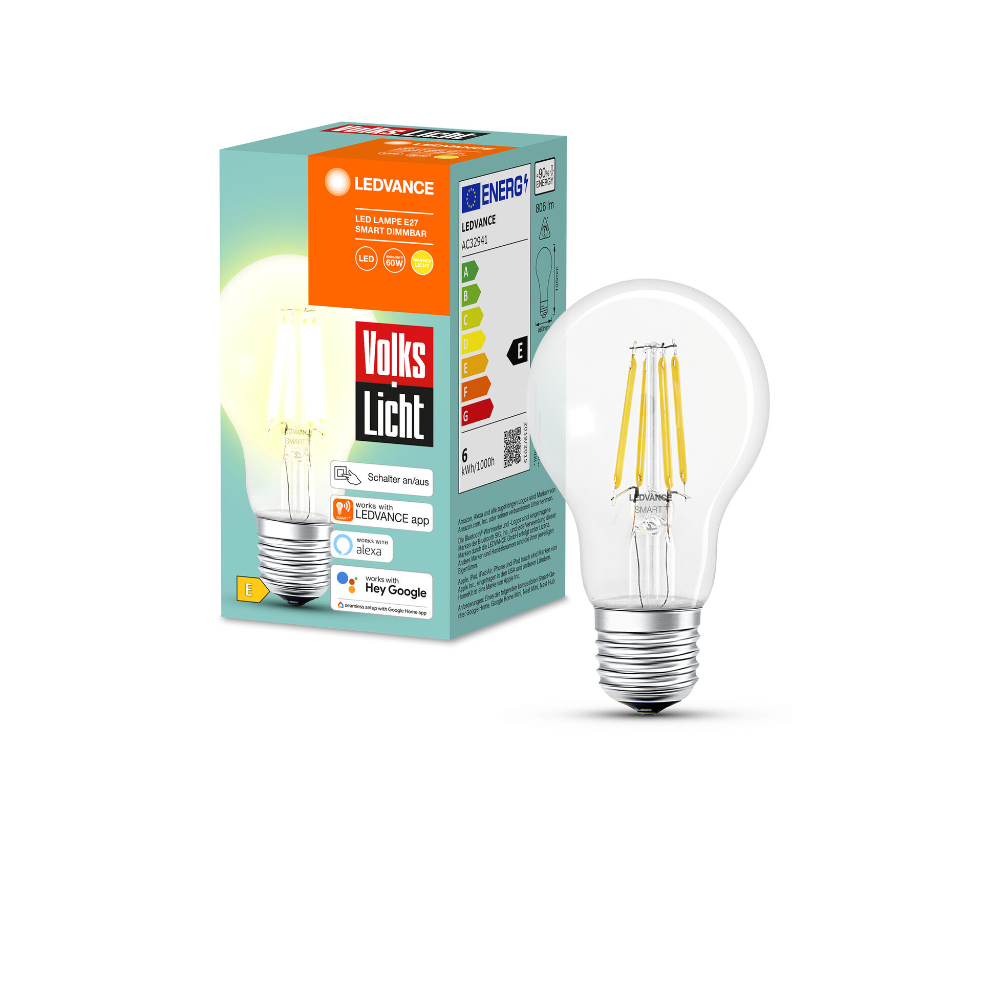 Smart+ Volkslampe Filament Bt 60 Birne E27 6W 806Lm