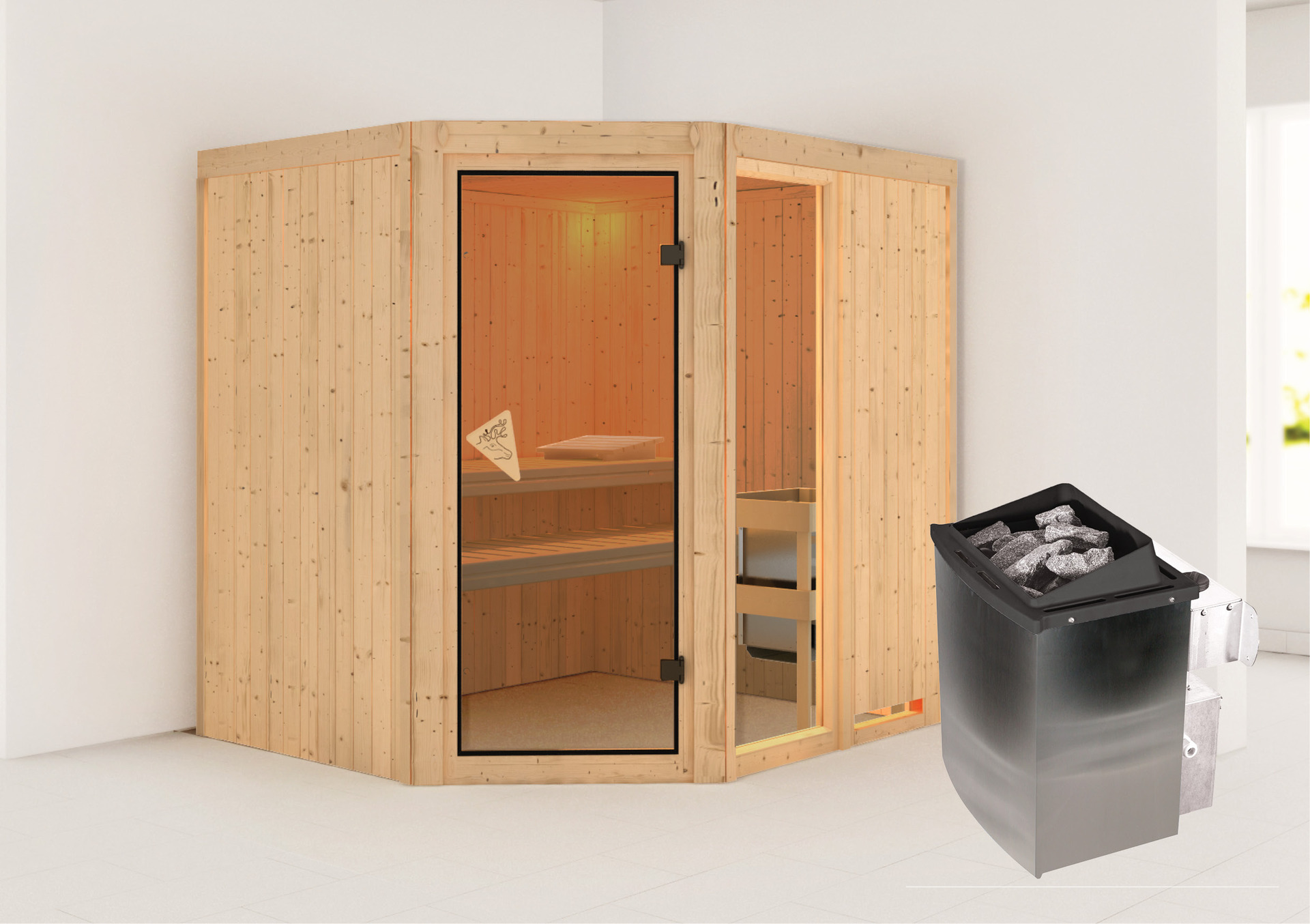 Sauna Paide 2 mit Zubehör-Set, 196x170x198cm, Eckeinstieg