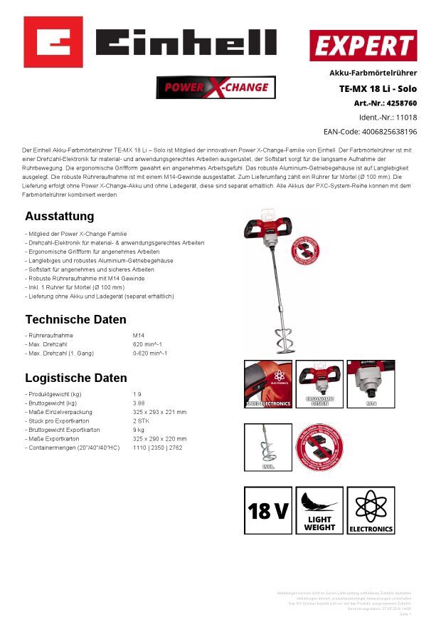 Akku-Farbmörtelrührer TE-MX 18 Li Solo