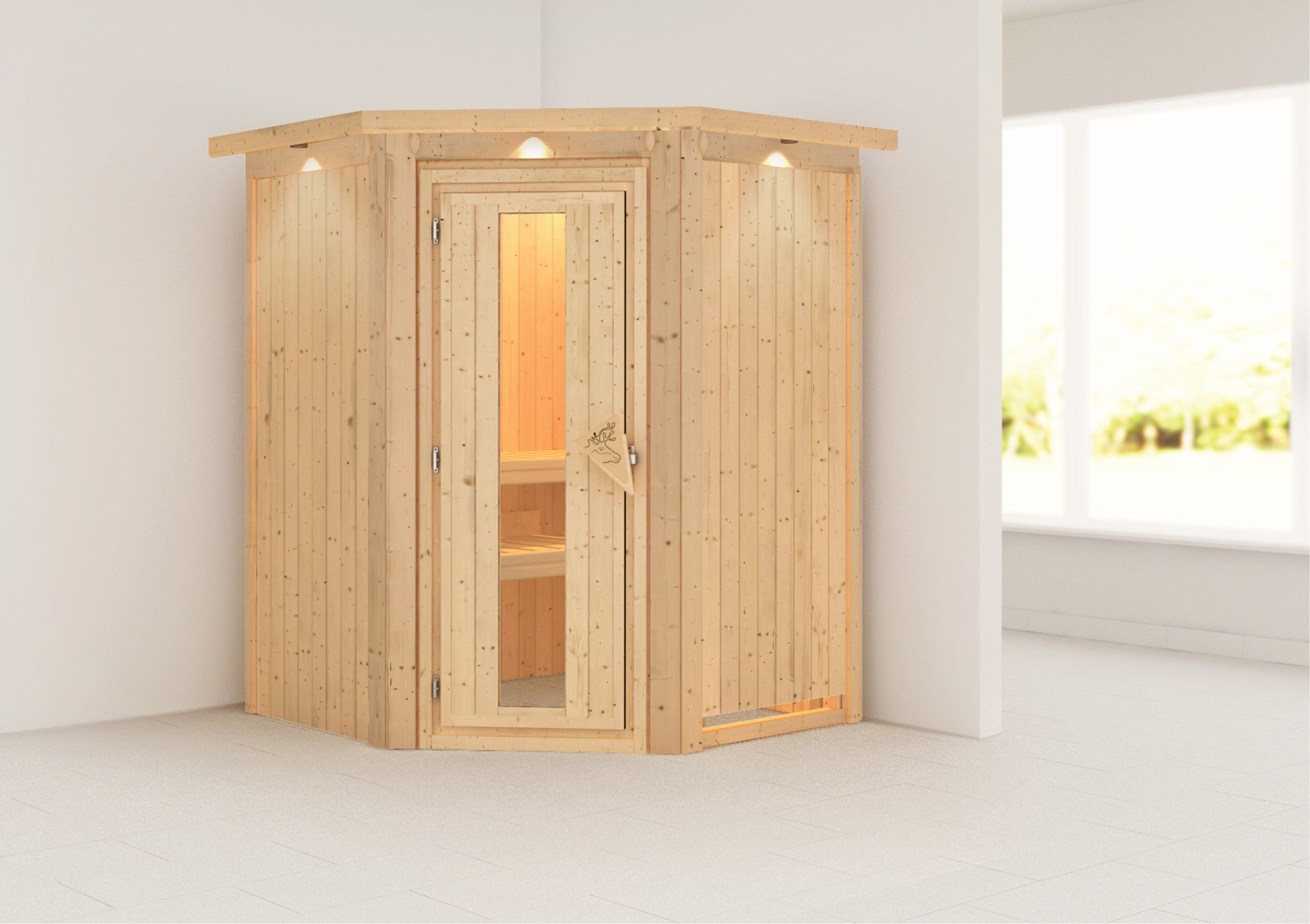 Sauna Wolmar mit Zubehör-Set, 151x151x198cm, Eckeinstieg