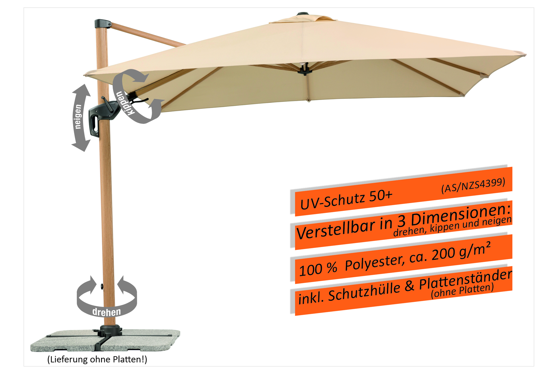 Ampelschirm Rhodos Twist Woody 300x300/8cm bei leitermann.de günstig kaufen Ampelschirm Rhodos Twist Woody 300x300/8cm