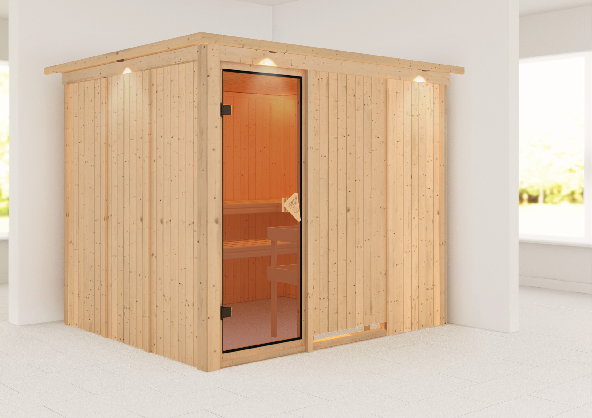 Sauna Jöhvi 231x196x198cm mit Zubehör-Set, Fronteinstieg