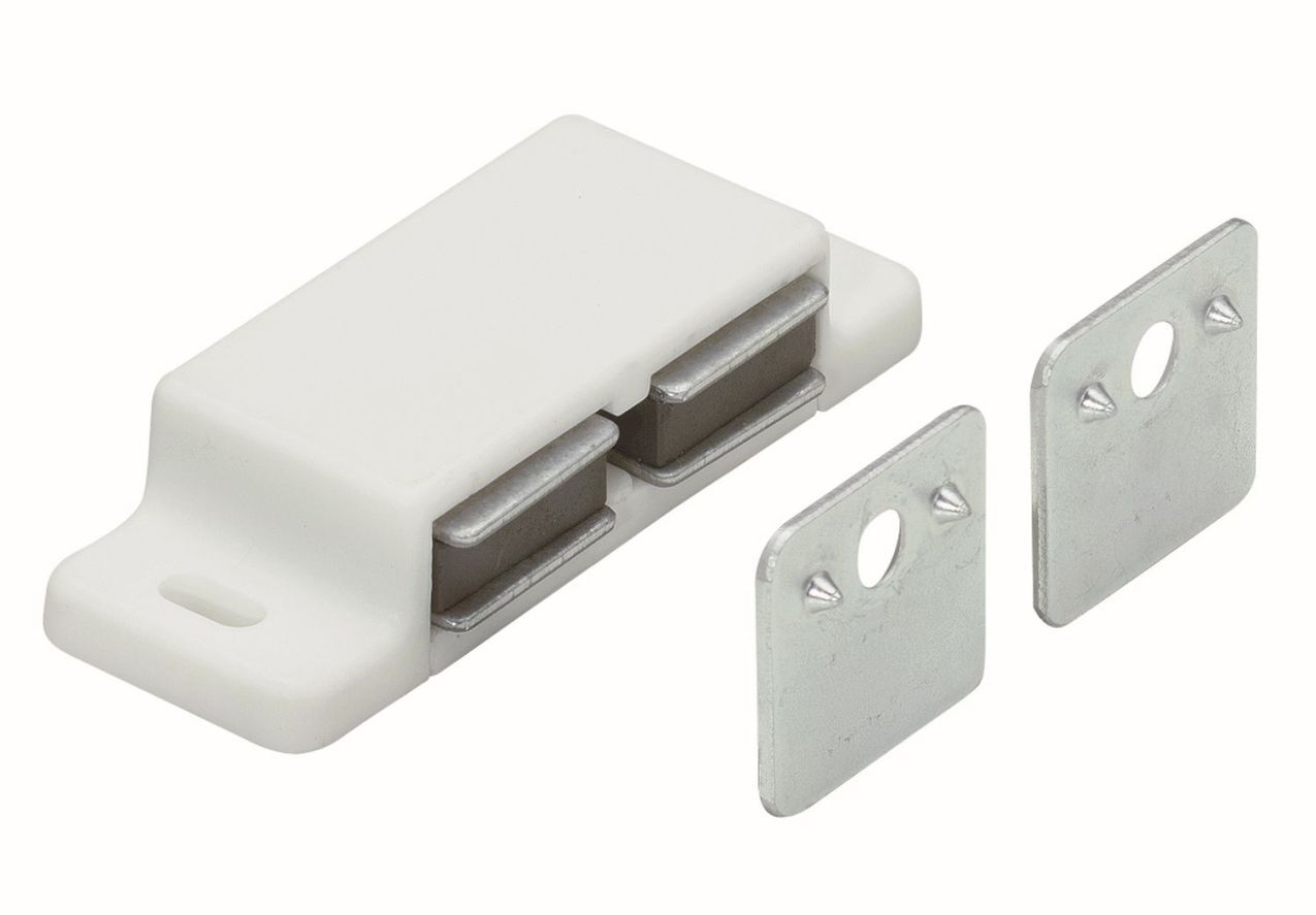 Magnetschnäpper 2×2-3 kg mit zwei Gegenplatten für zwei Türen 51 x 14 x 21 mm 2×2-3 kg verzinkt weiß