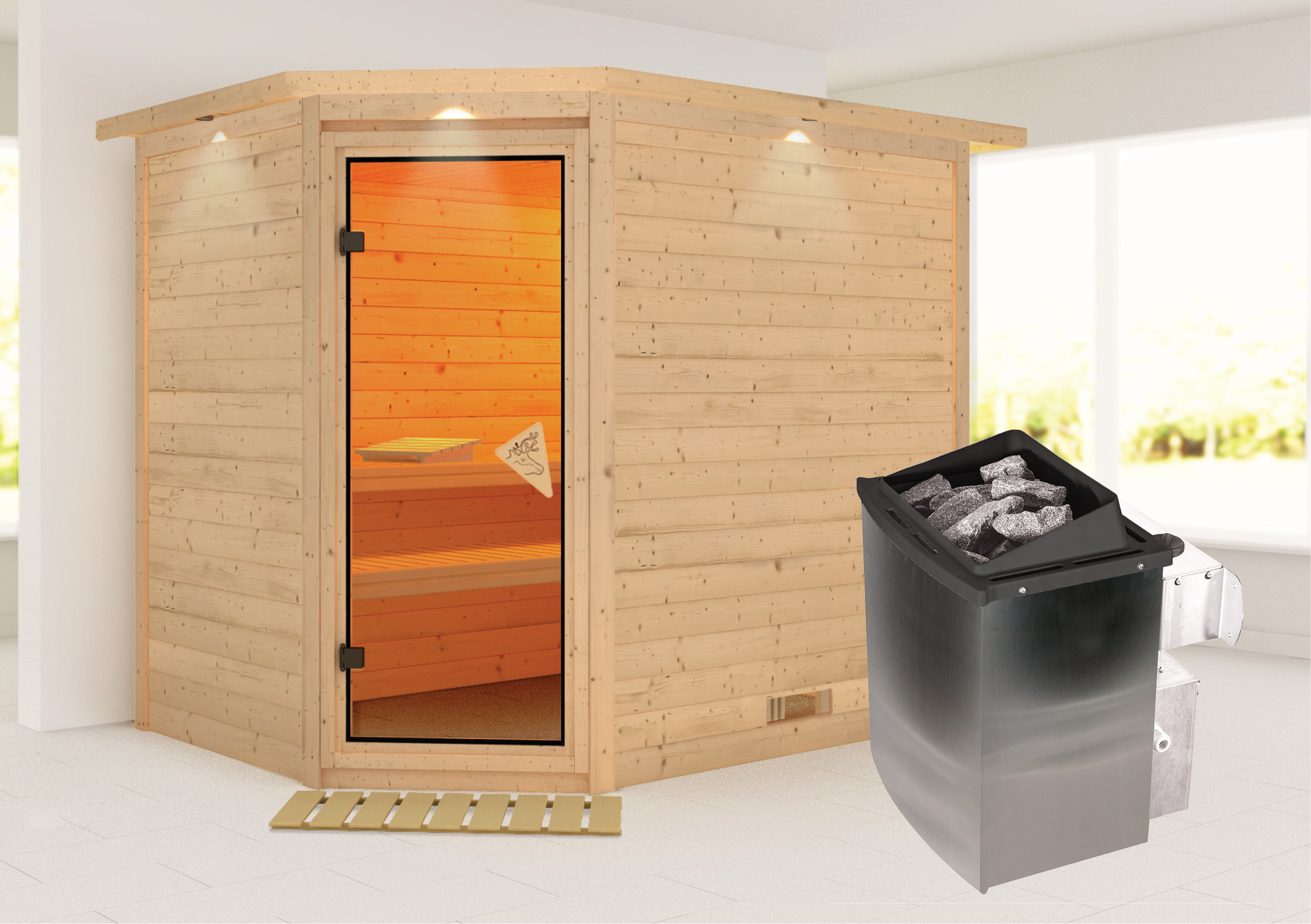 Sauna Kärdla 236x184x208cm mit Zubehör-Set, Eckeinstieg