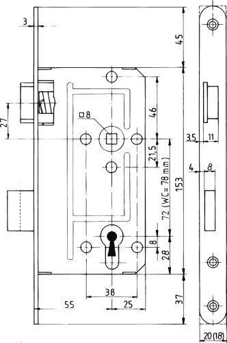 Korridor-Schloss Nr. 114 1/2 Falz PZ käntig mit Wechsel 20mm ohn