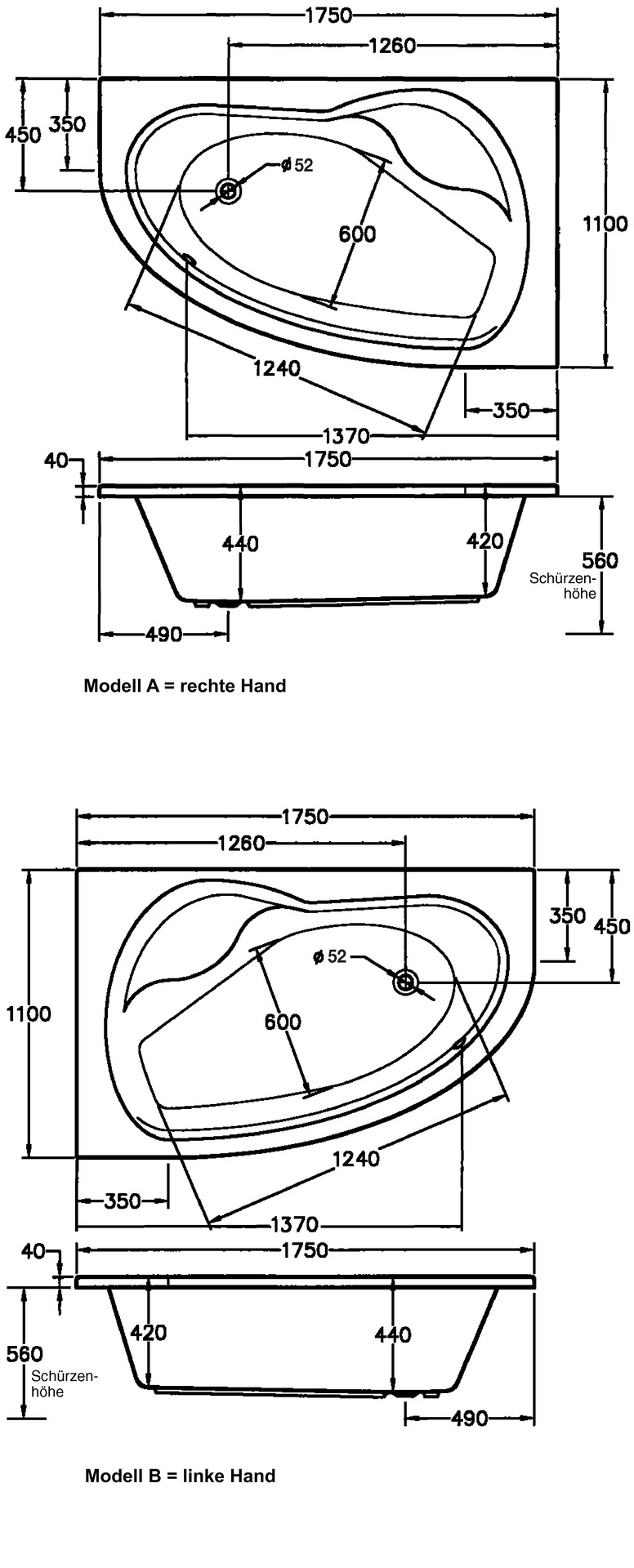 Badewanne Loredana, Modell A, 1750x1100/440mm, weiß