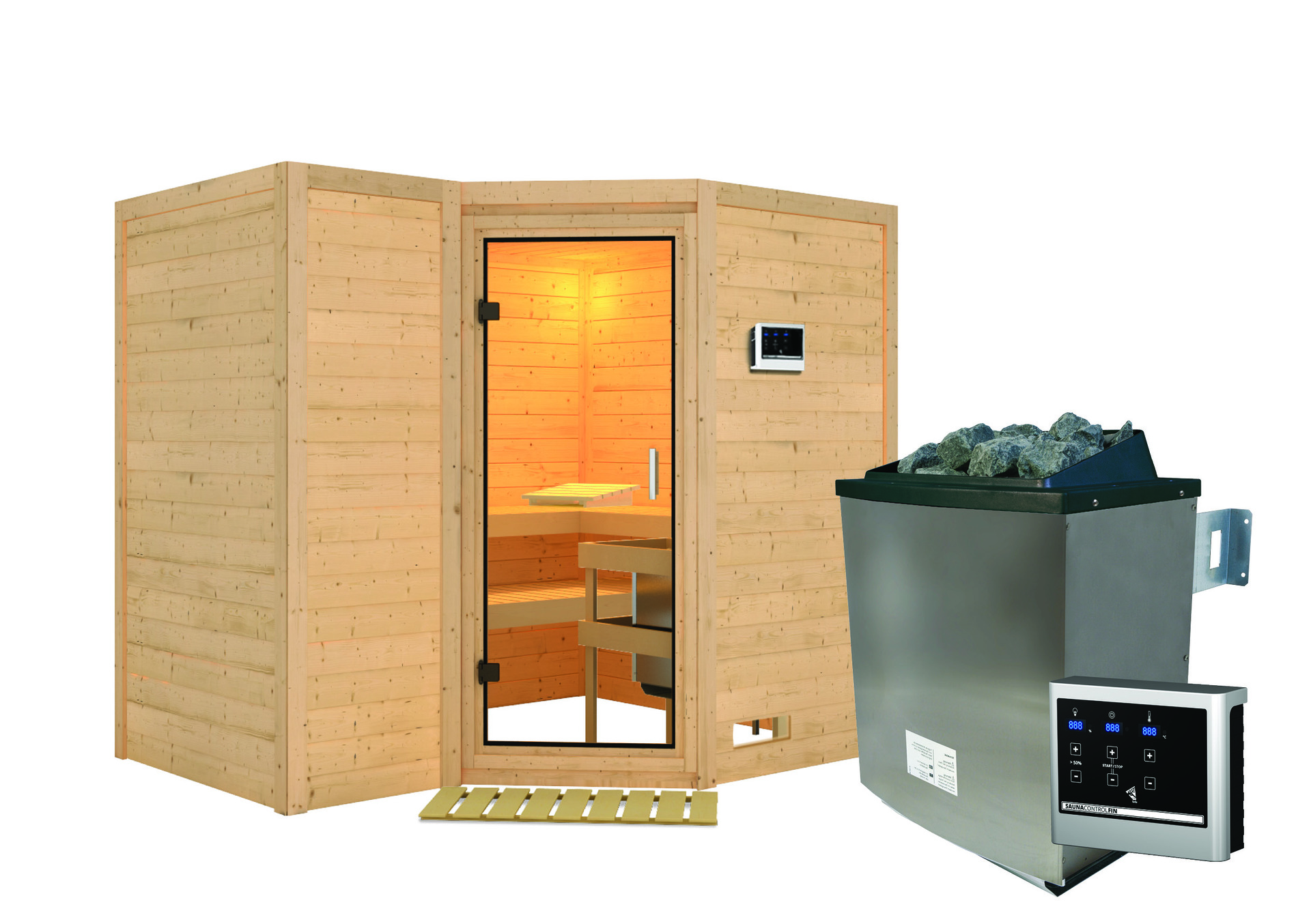 Sauna Riga 2 mit Zubehör-Set, 236x184x208cm, Eckeinstieg