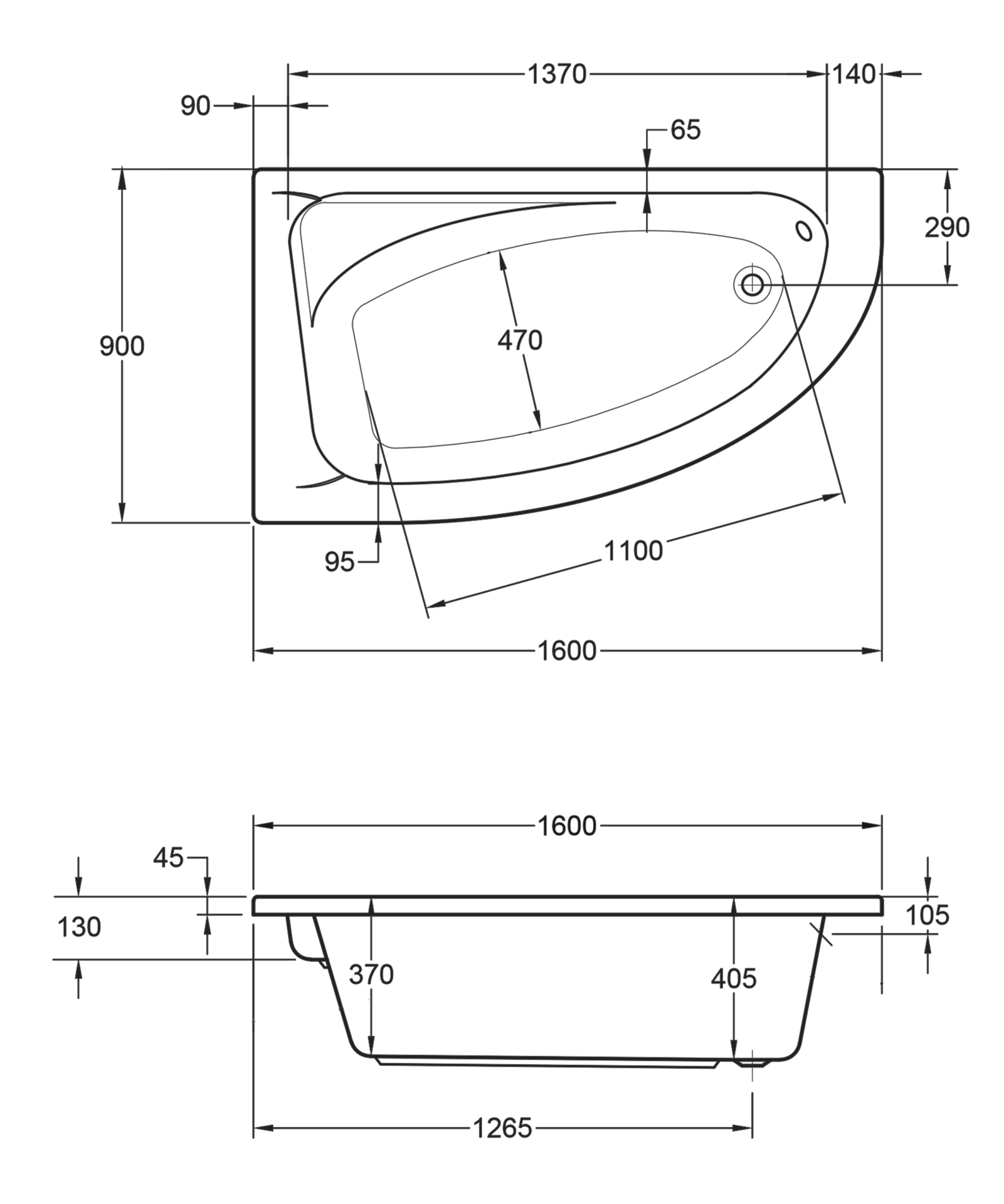 Badewanne Marina, Modell B, 1600x900/420mm, weiß