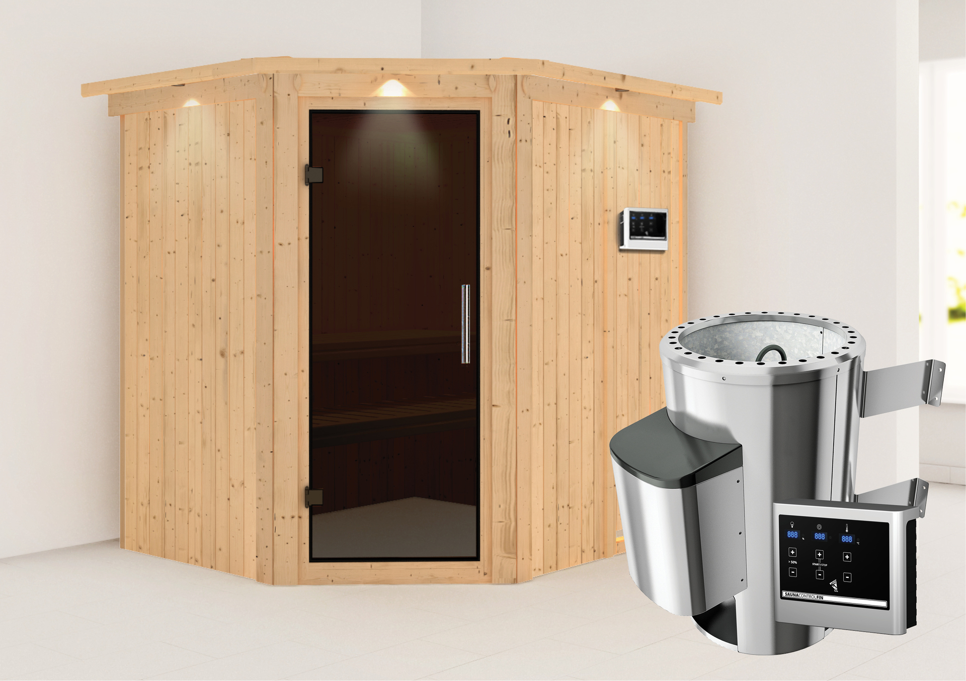 Sauna Talsen mit Zubehör-Set, 196x170x198 cm, Eckeinstieg