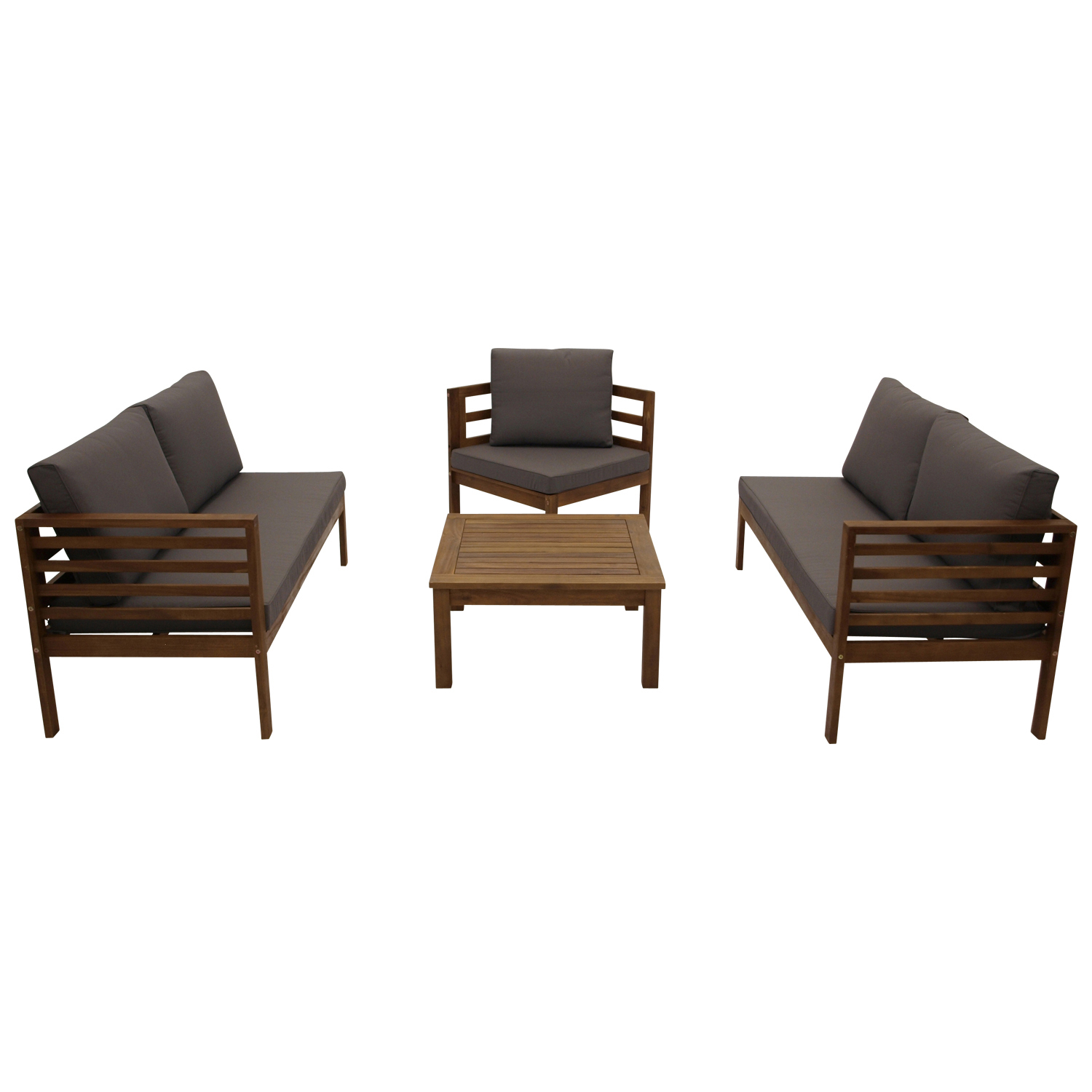 Ecksofa mit Tisch, Akazie, Polster grau