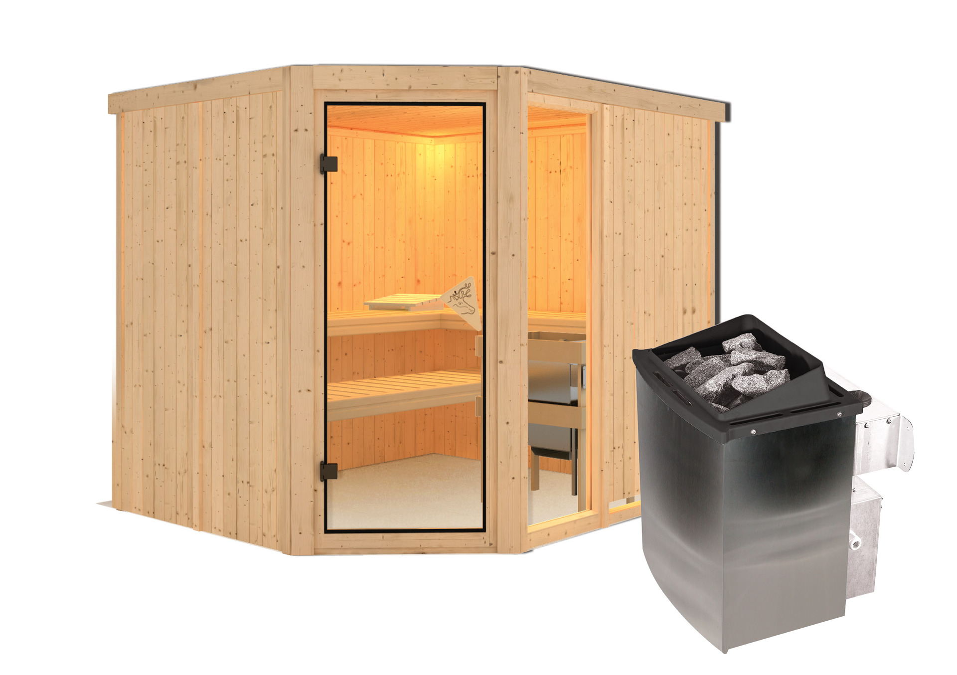 Sauna Paide 3 mit Zubehör-Set, 231x196x198cm, Eckeinstieg
