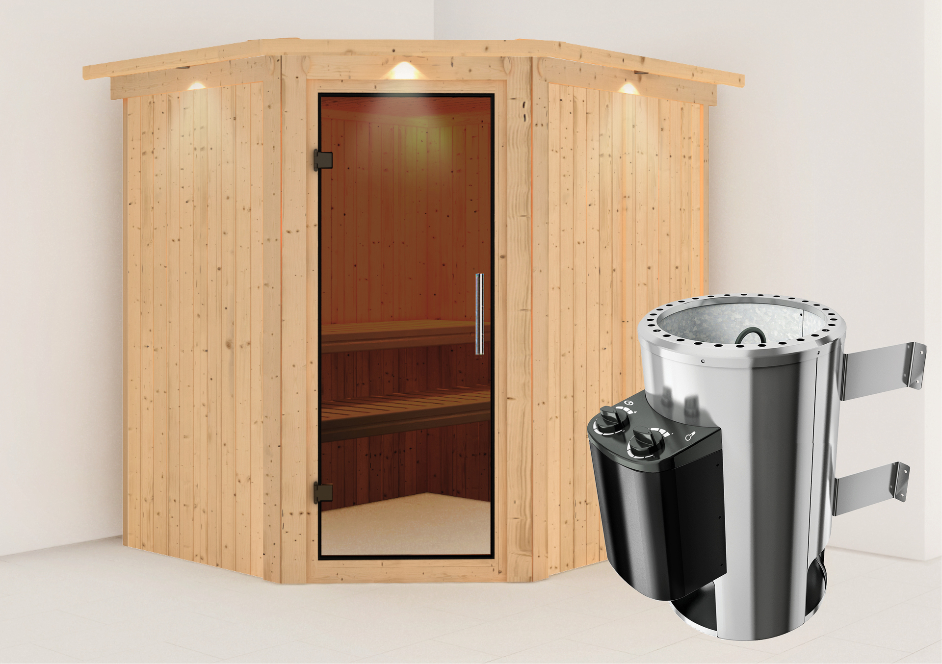 Sauna Talsen mit Zubehör-Set, 196x170x198 cm, Eckeinstieg