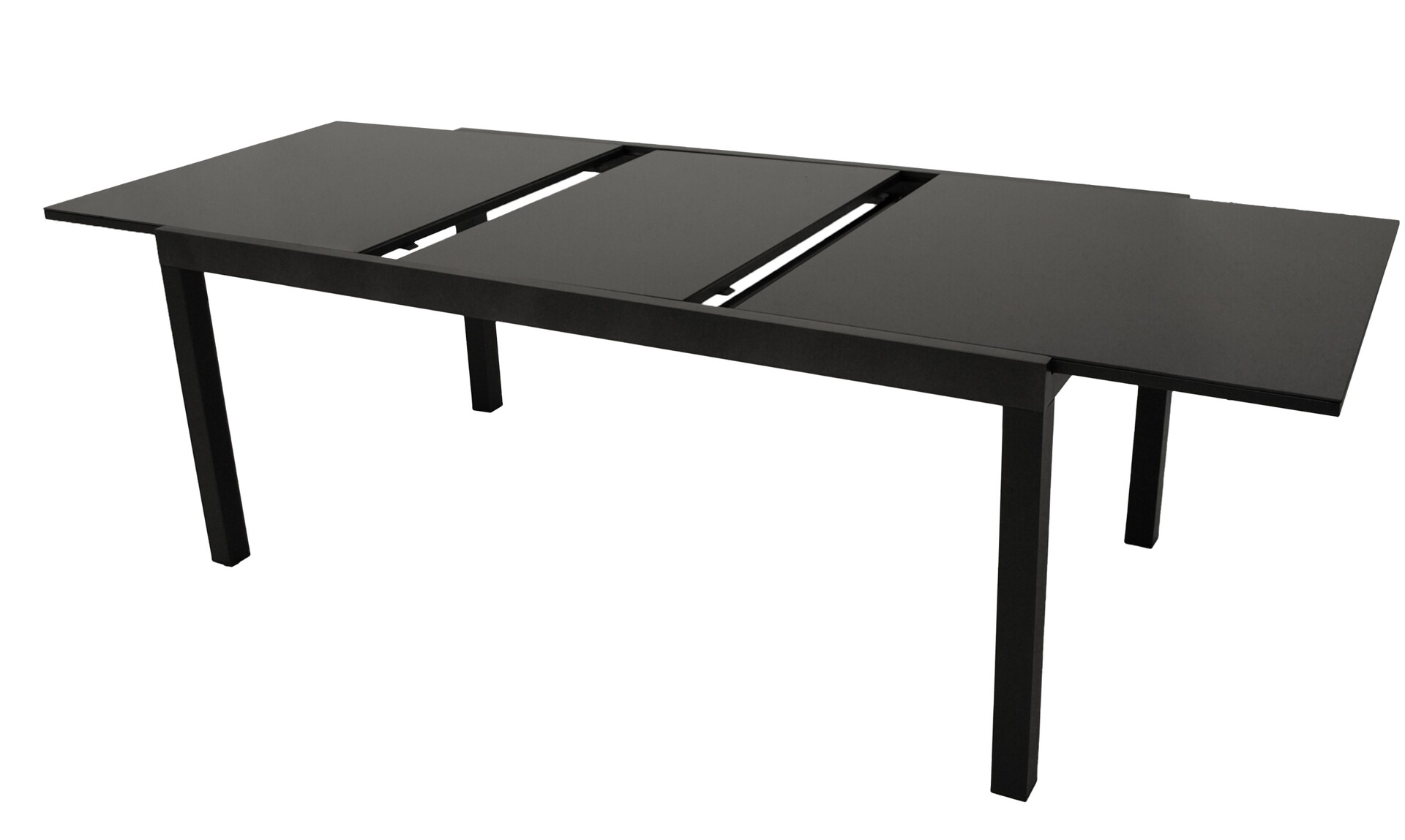 Ausziehtisch 200/300x110cm, Aluminium anthrazit + Glas schwarz