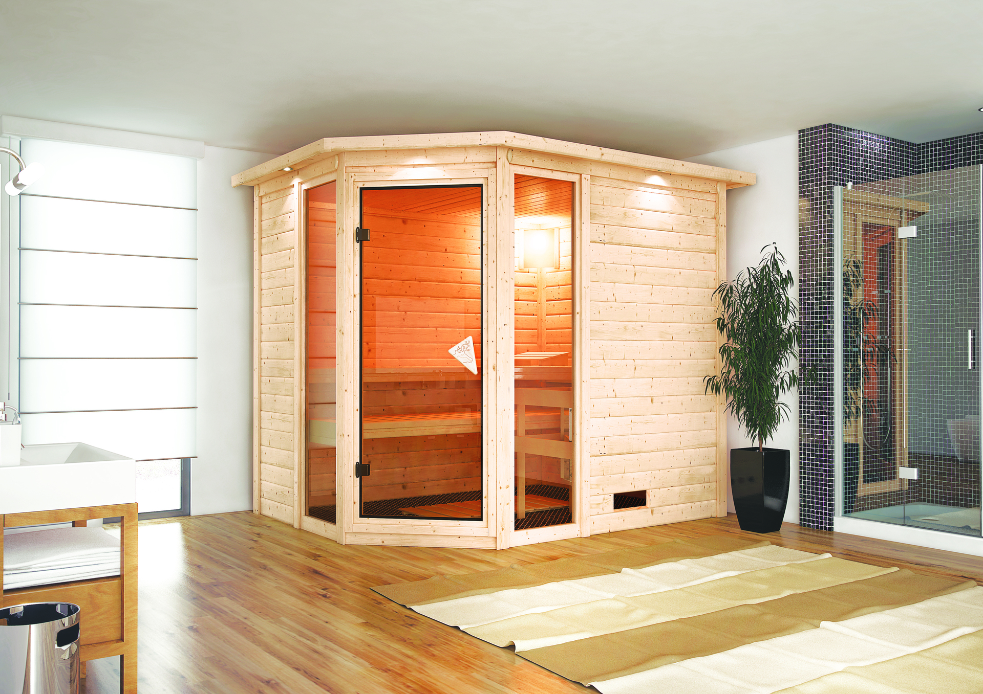 Sauna Kohila 3 mit Zubehör-Set 236x184x208cm, Eckeinstieg