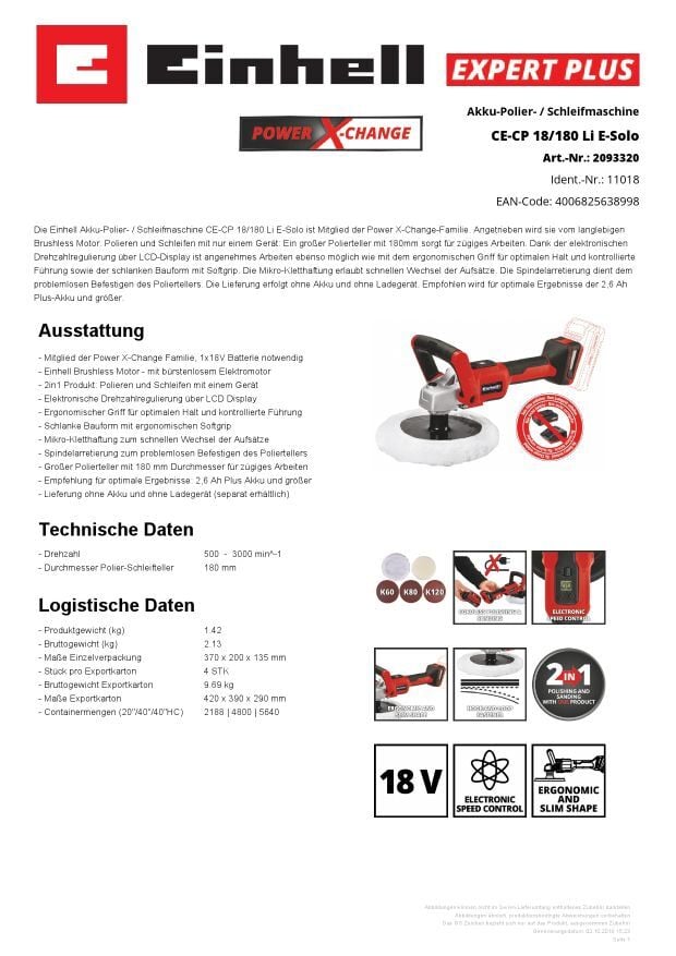 Einhell Akku-Polier-Schleifmaschine CE-CP 18 180 Li E-Solo - Leitermann |  LEITERMANN