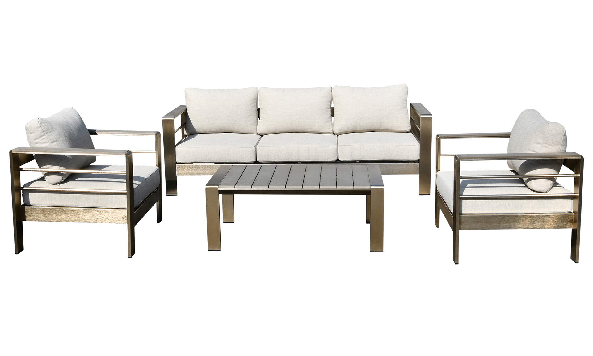 Lounge-Set 4-teilig aus gebürstetem Aluminium, Polster grau, Kunstholz dunkelgrau