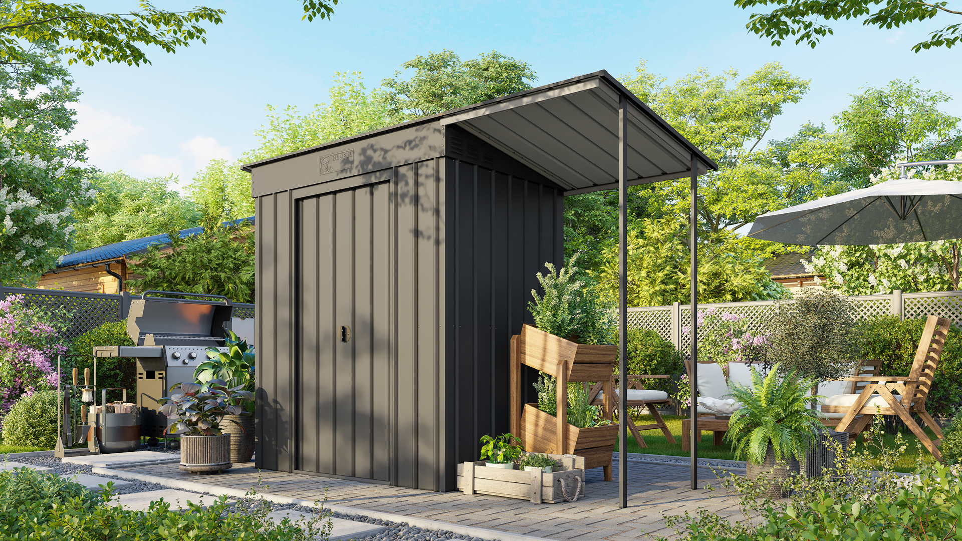 Metallgerätehaus Pultdach Skillion 64, anthrazit inkl Schleppdach