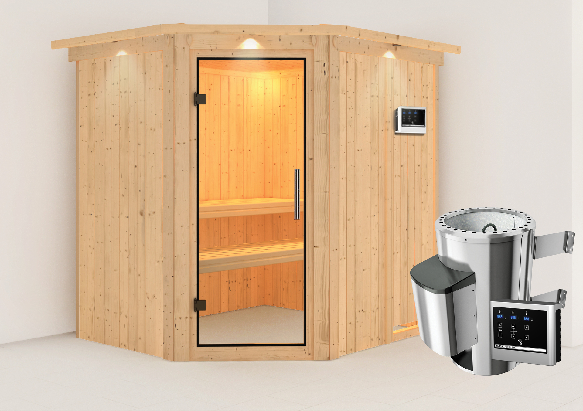 Sauna Talsen mit Zubehör-Set, 196x170x198 cm, Eckeinstieg