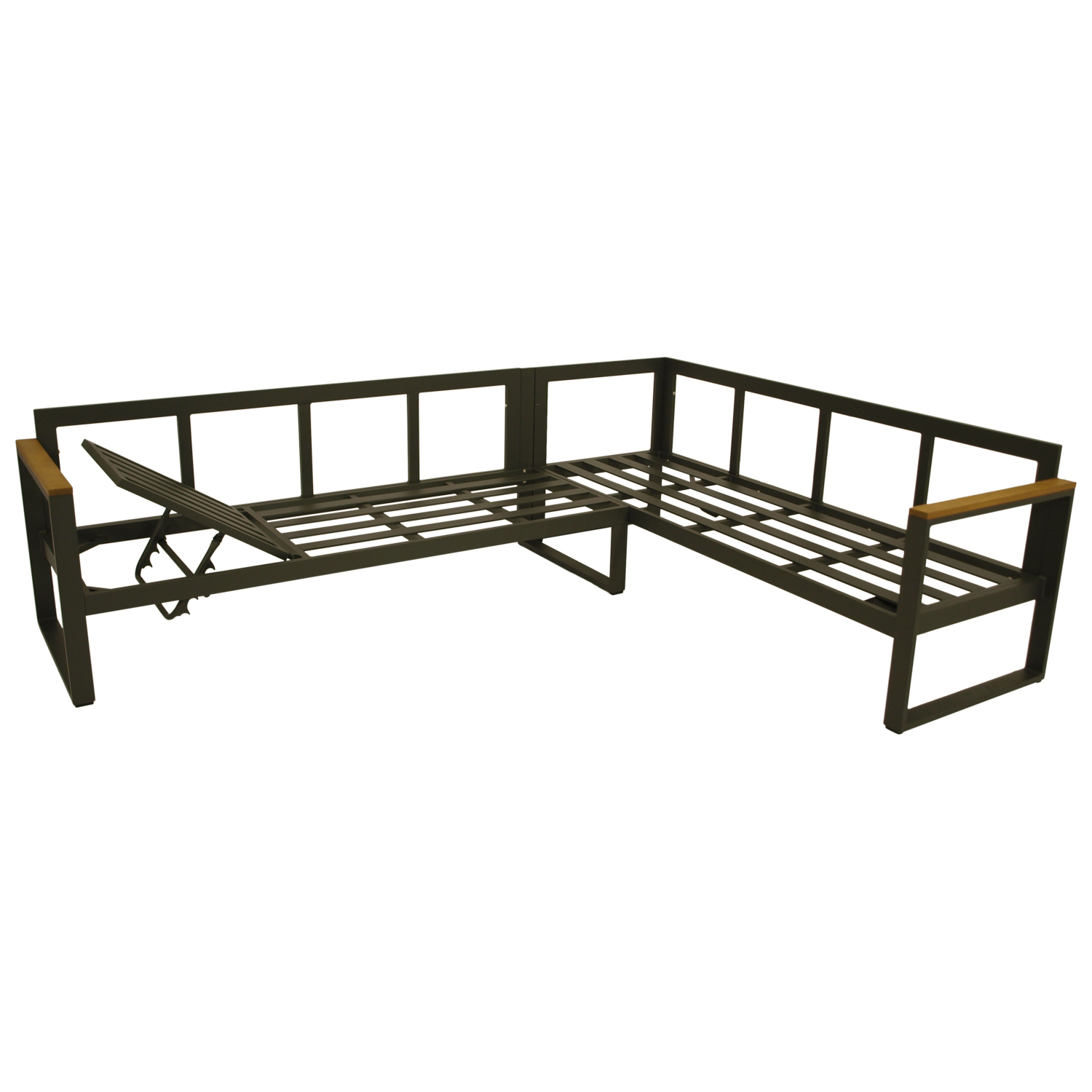 Eck-Diningset Aluminium anthrazit + Akazie, Polster grau, Tisch 140x70cm, mit Liegefunktion