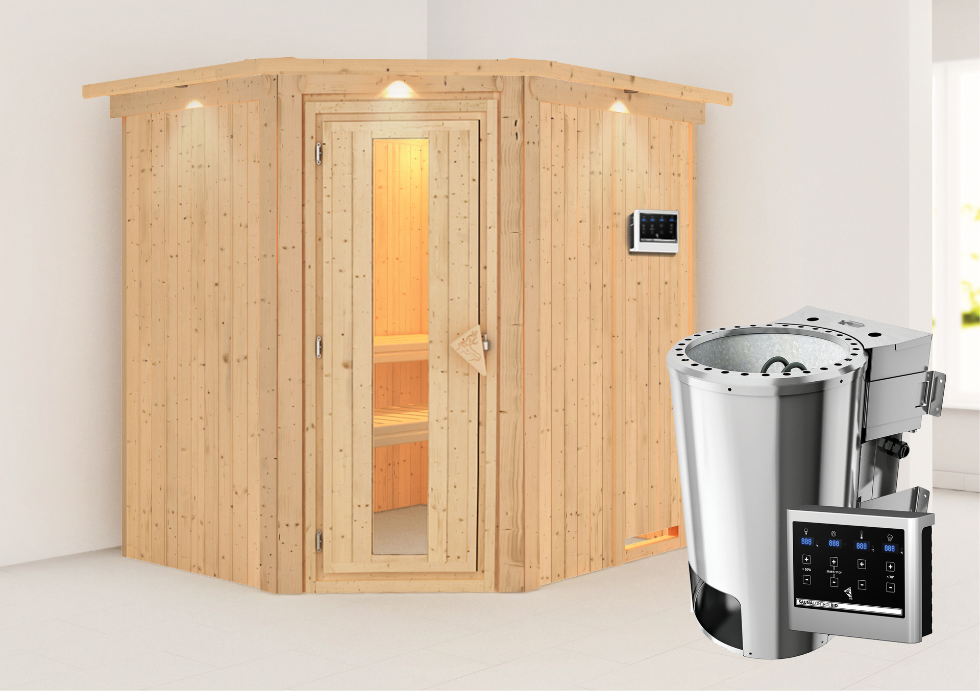 Sauna Talsen mit Zubehör-Set, 196x170x198 cm, Eckeinstieg