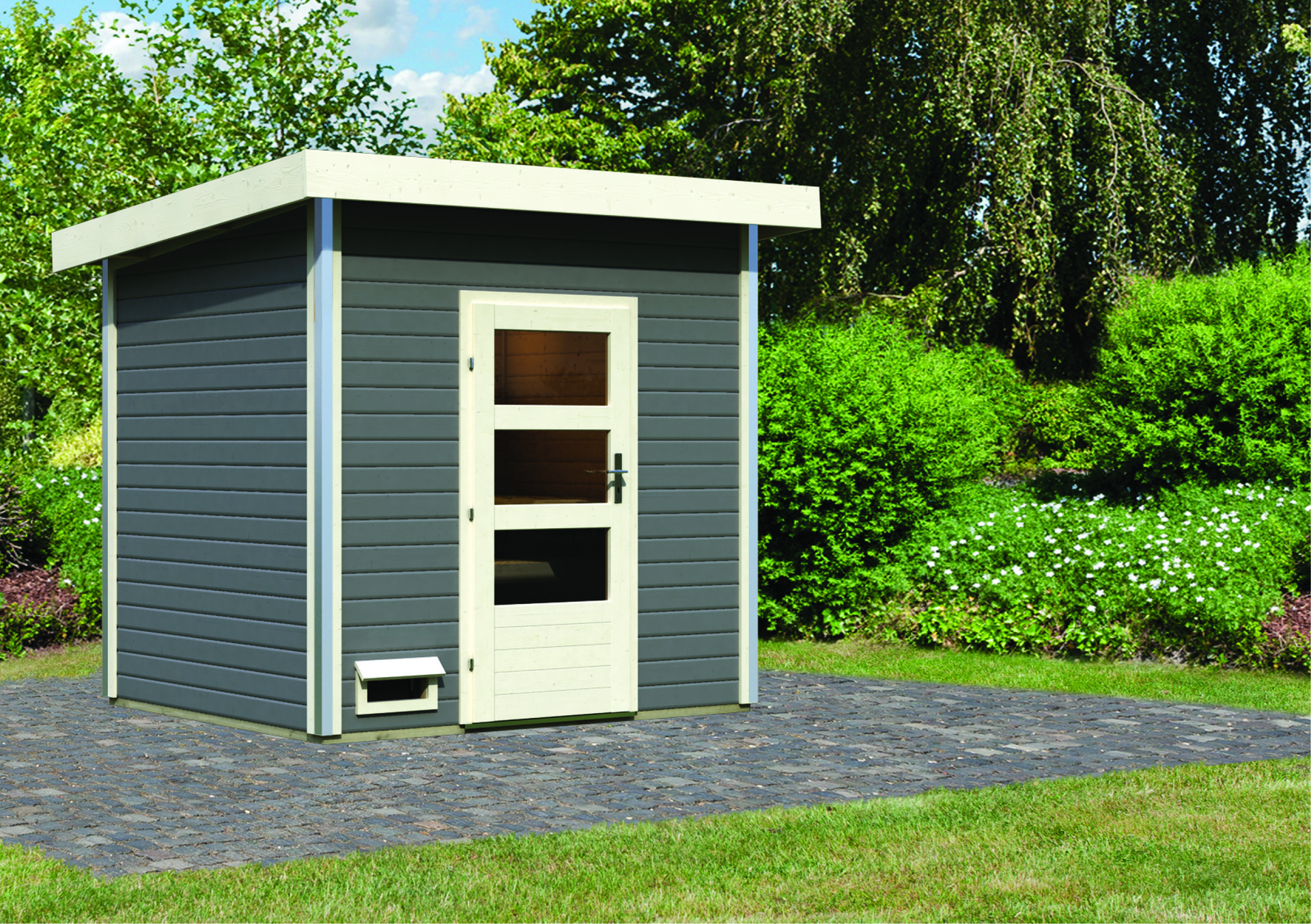 Saunahaus Segewold 231x196x239cm, Holztür mit Fenstern, terragrau