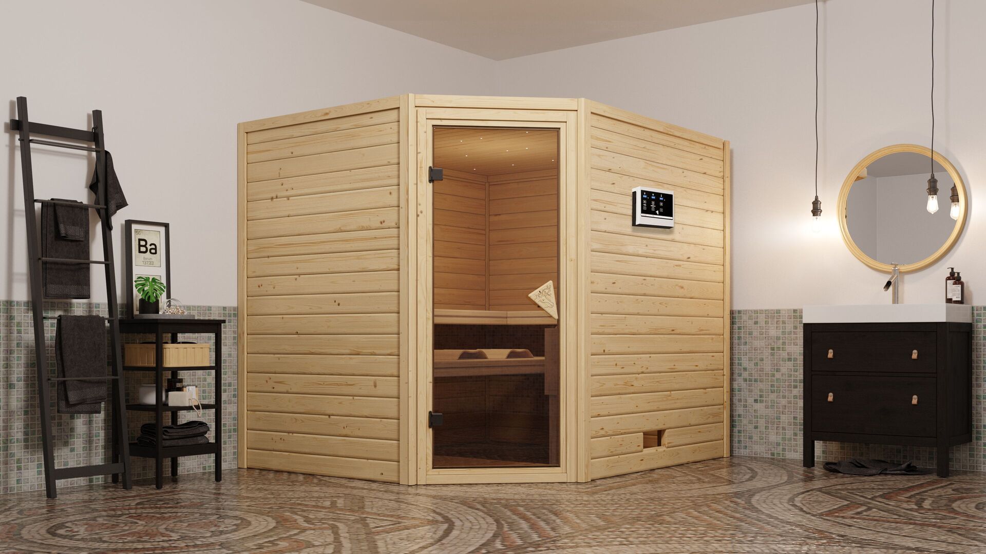 Sauna Kärdla 236x184x208cm mit Zubehör-Set, Eckeinstieg