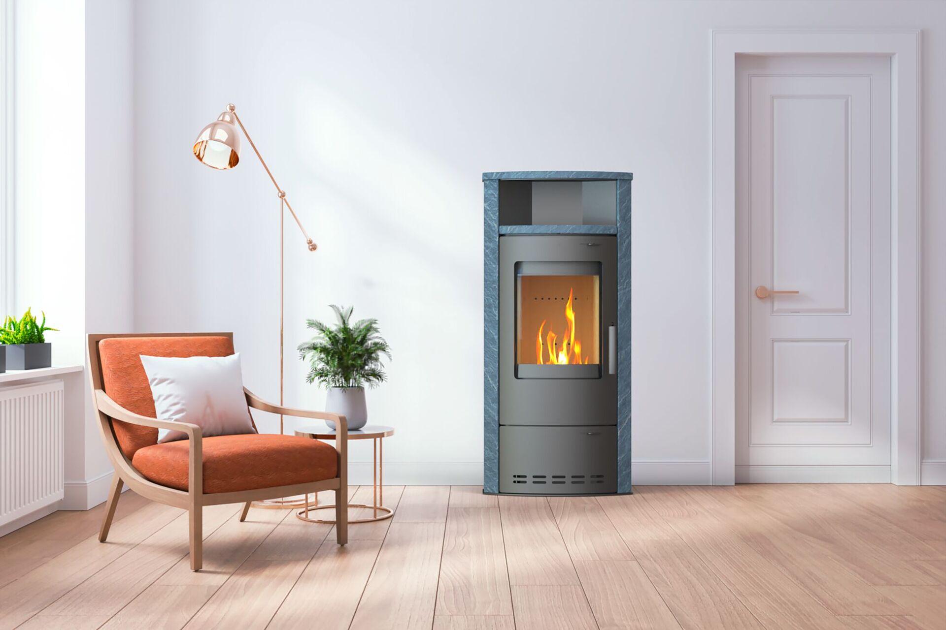 Thermia Kaminofen Dortmund, 7,0kW, Stahl/Naturstein, grau Dauerbrand