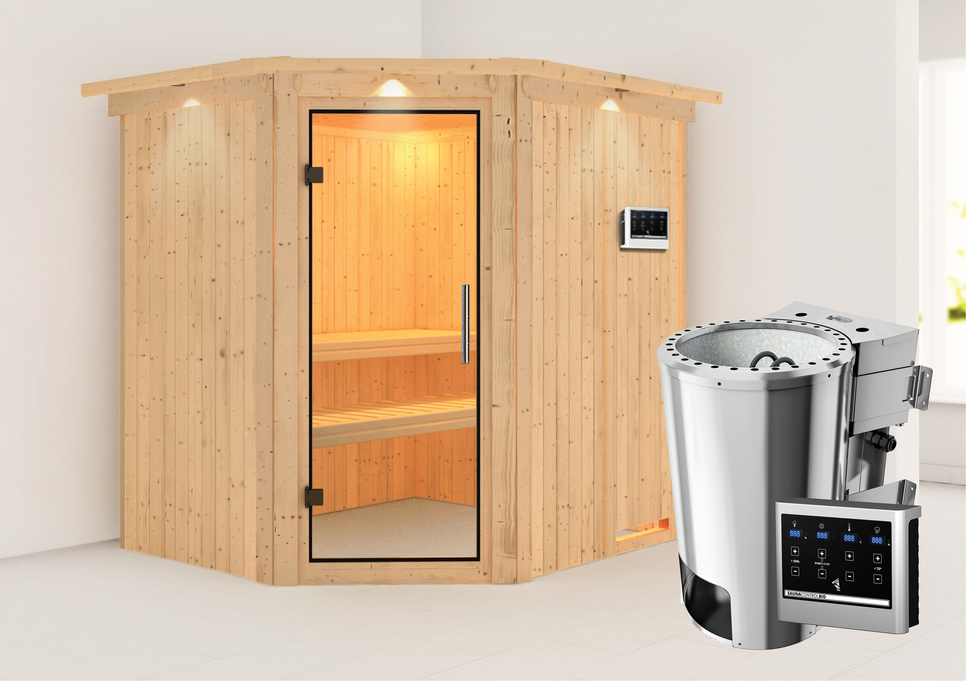 Sauna Talsen mit Zubehör-Set, 196x170x198 cm, Eckeinstieg