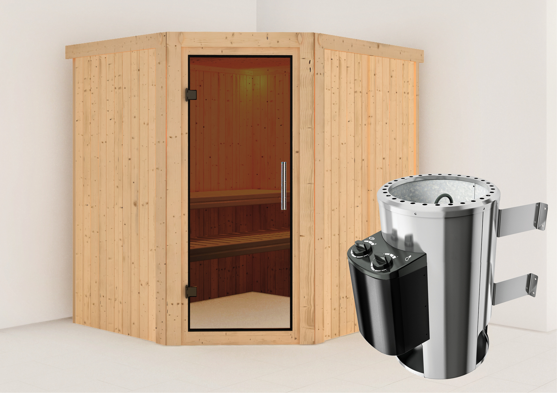 Sauna Talsen mit Zubehör-Set, 196x170x198 cm, Eckeinstieg