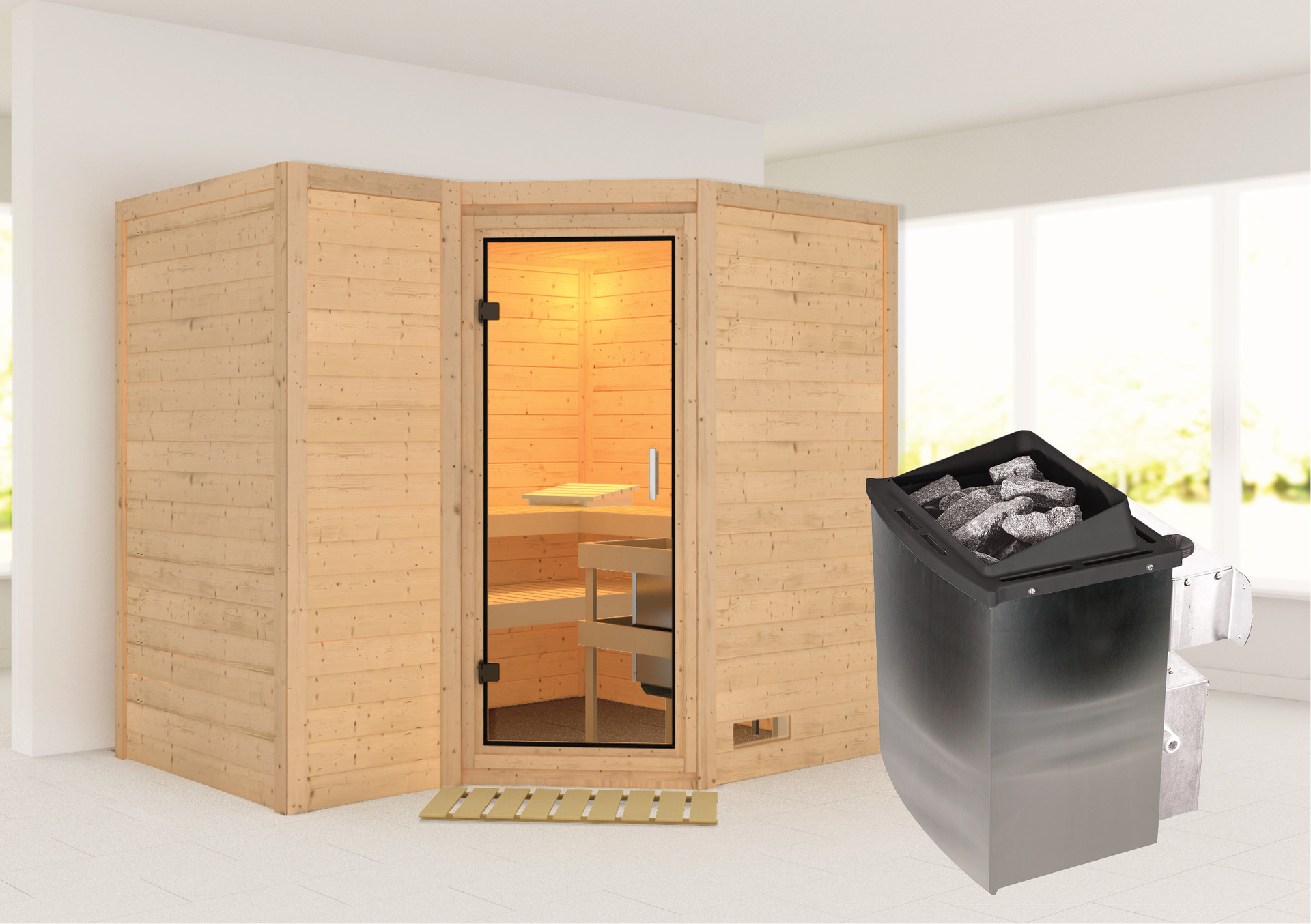 Sauna Riga 2 mit Zubehör-Set, 236x184x208cm, Eckeinstieg