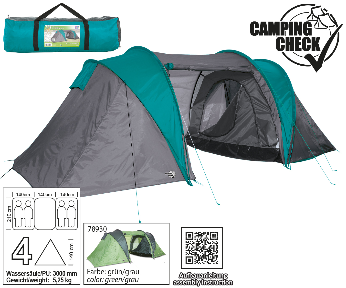 Iglu-Tunnelzelt für 4 Personen grau-grün