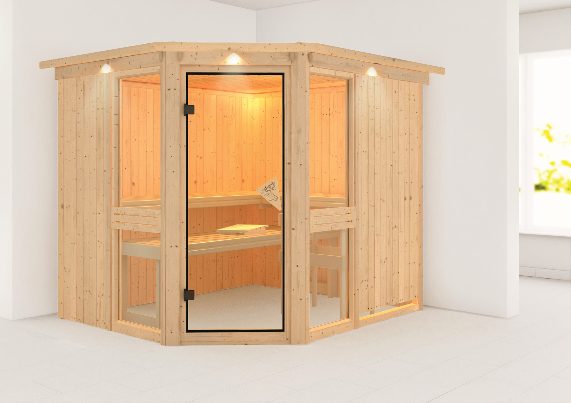 Sauna Pölva 3 mit Zubehör-Set, 231x196x198cm, Eckeinstieg