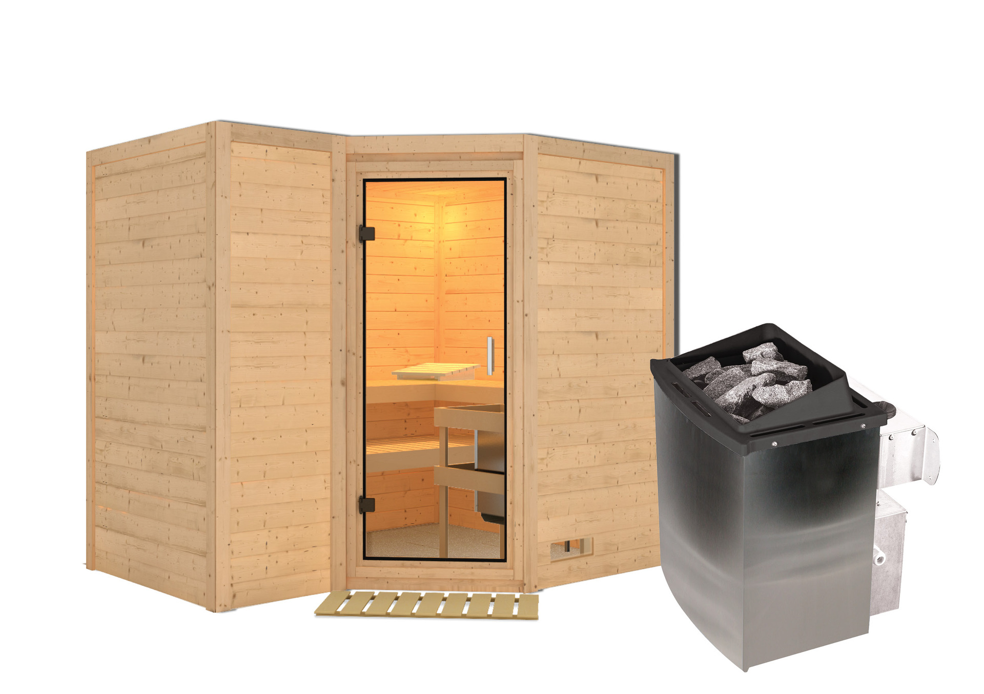 Sauna Riga 2 mit Zubehör-Set, 236x184x208cm, Eckeinstieg