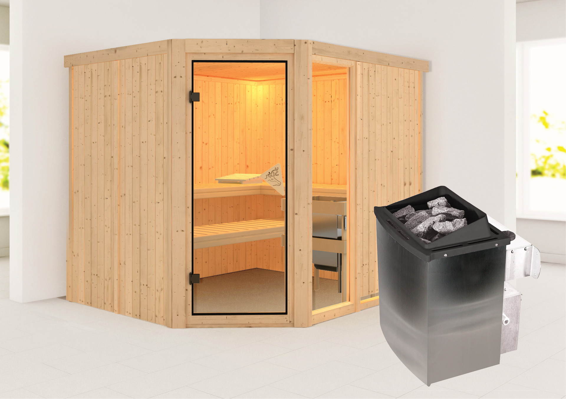 Sauna Paide 3 mit Zubehör-Set, 231x196x198cm, Eckeinstieg