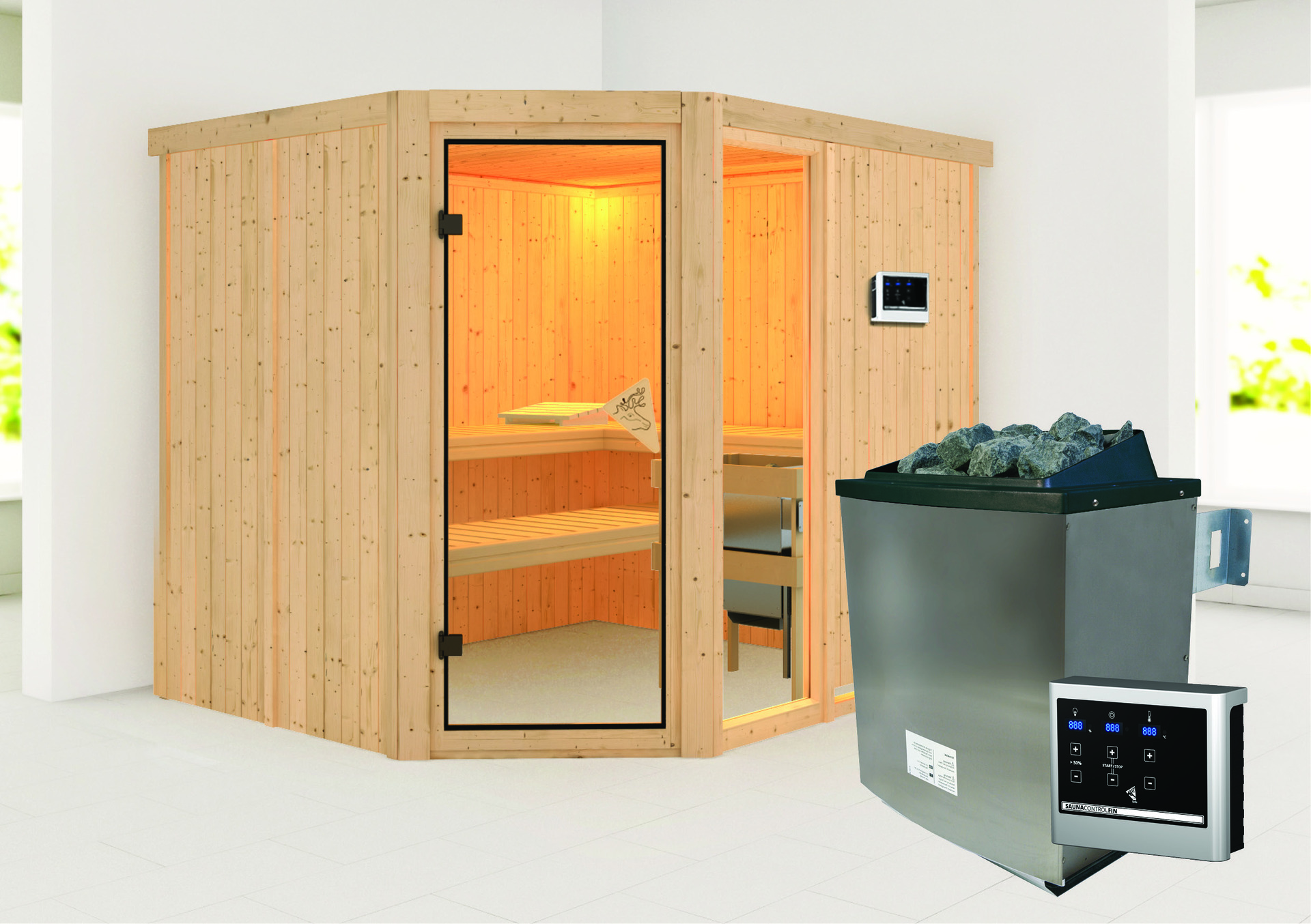 Sauna Paide 3 mit Zubehör-Set, 231x196x198cm, Eckeinstieg