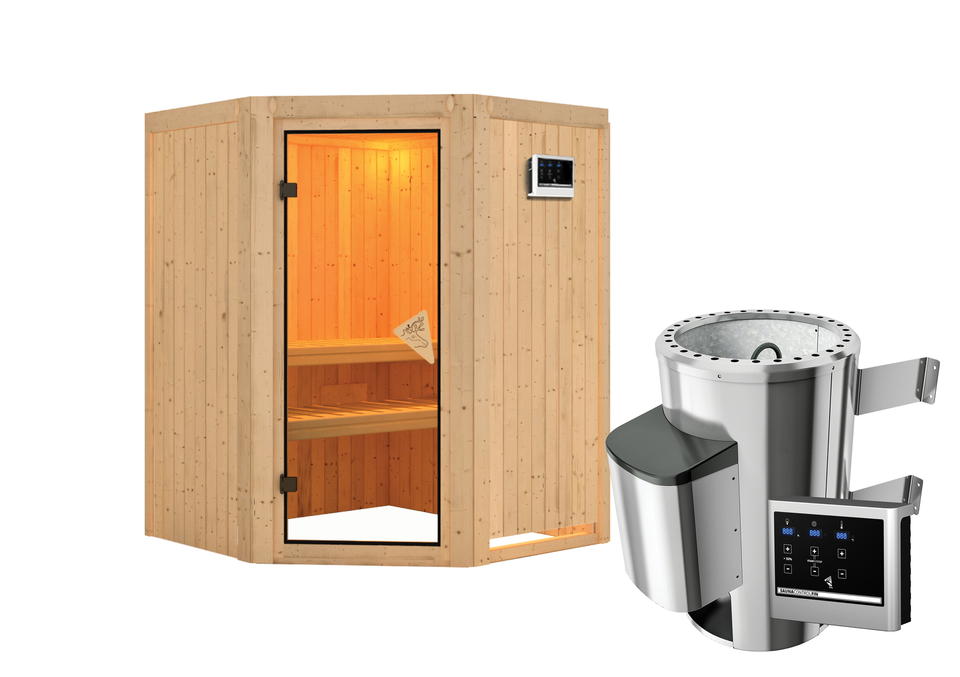 Sauna Wolmar mit Zubehör-Set, 151x151x198cm, Eckeinstieg