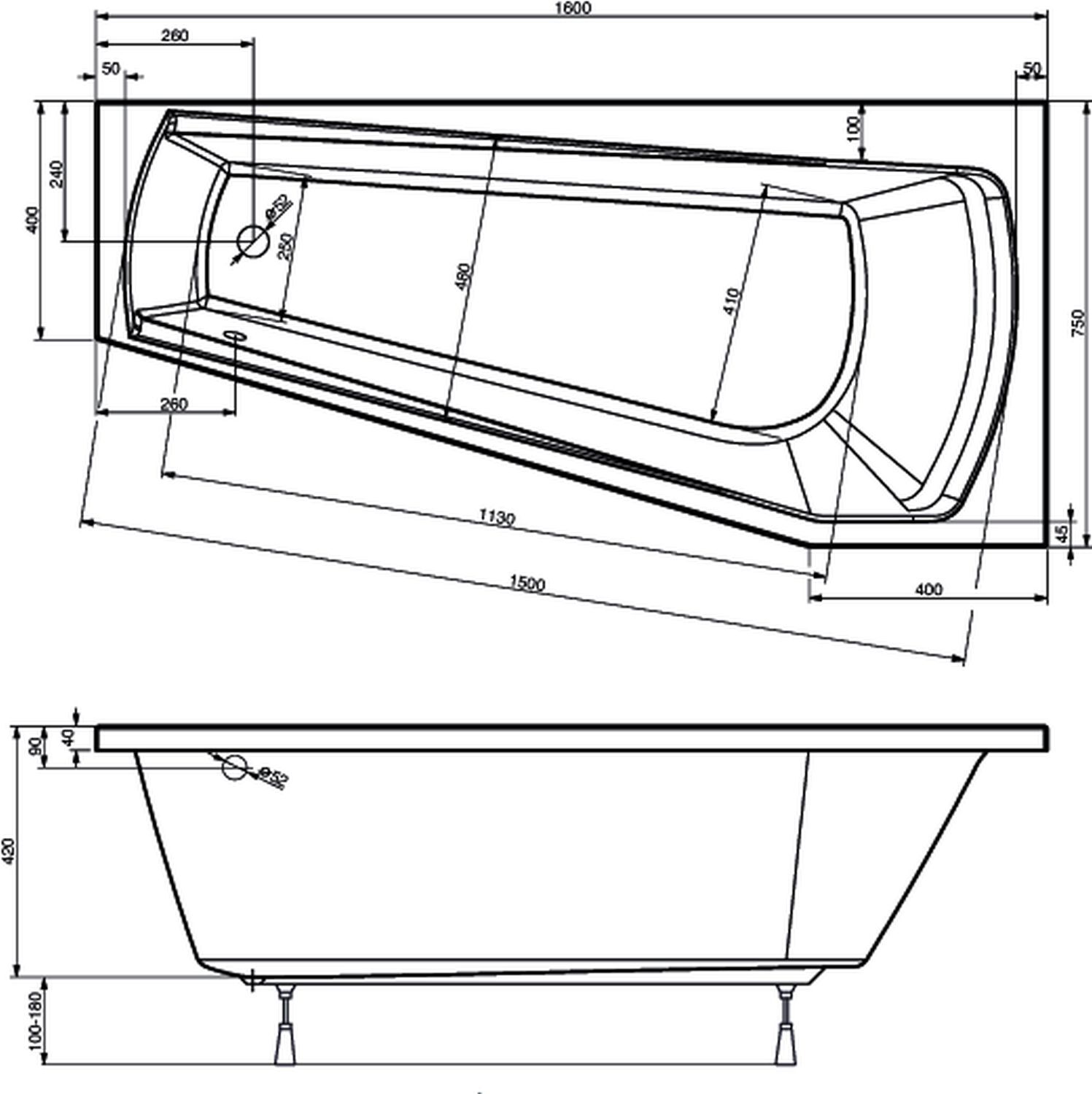 Badewanne Bahia, 1600x750/420mm, weiß