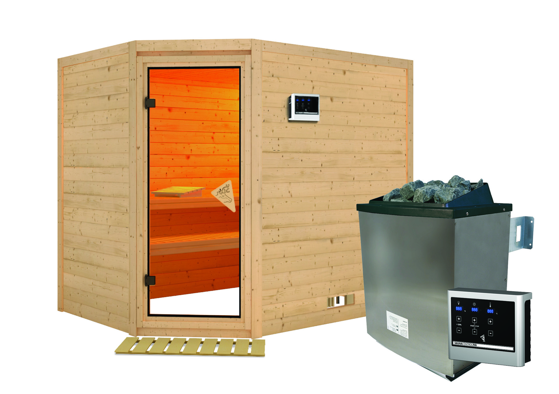 Sauna Kärdla 236x184x208cm mit Zubehör-Set, Eckeinstieg