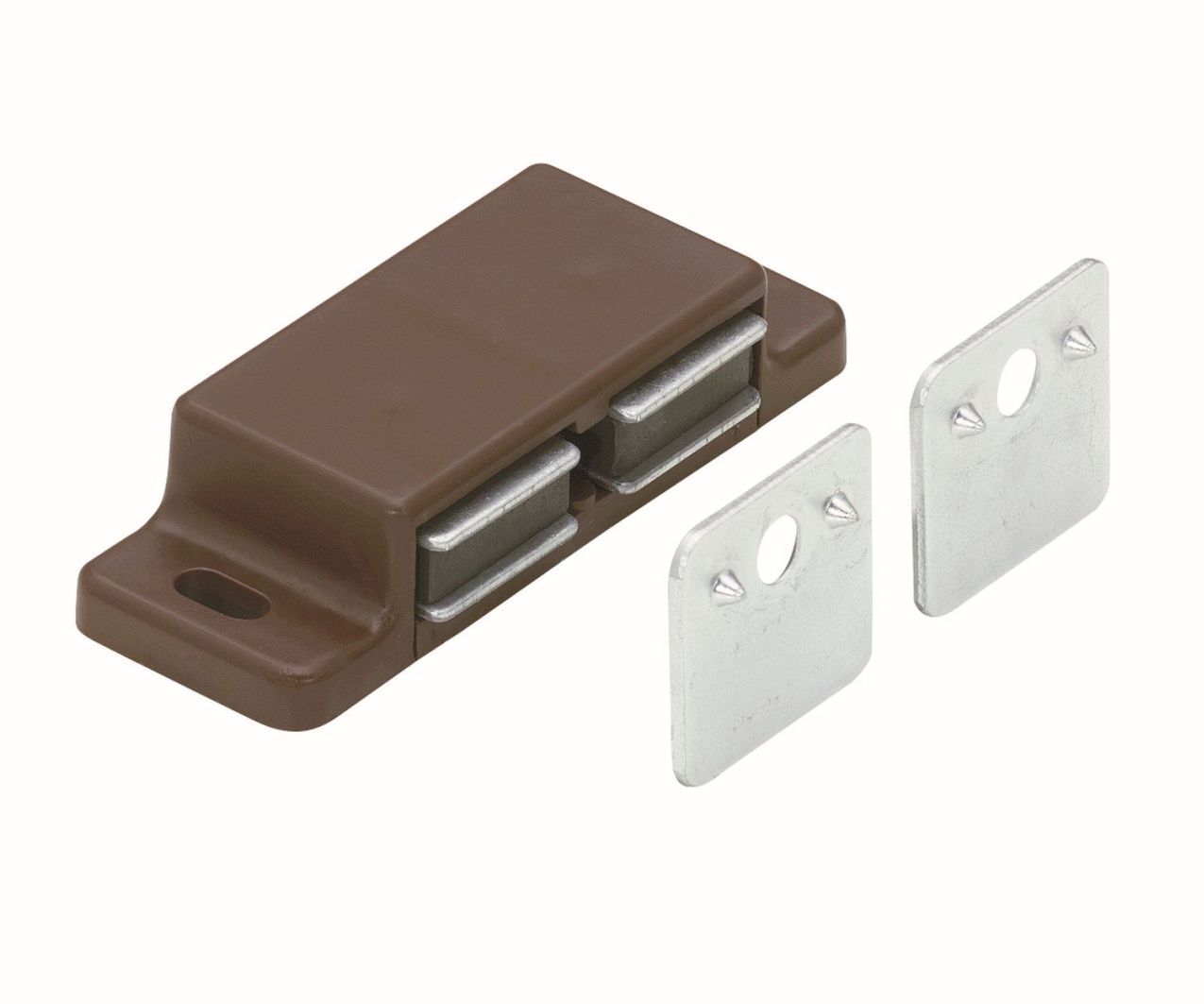 Magnetschnäpper 2×2-3 kg mit zwei Gegenplatten für zwei Türen 58 x 14 x 21 mm 2×2-3 kg verzinkt braun