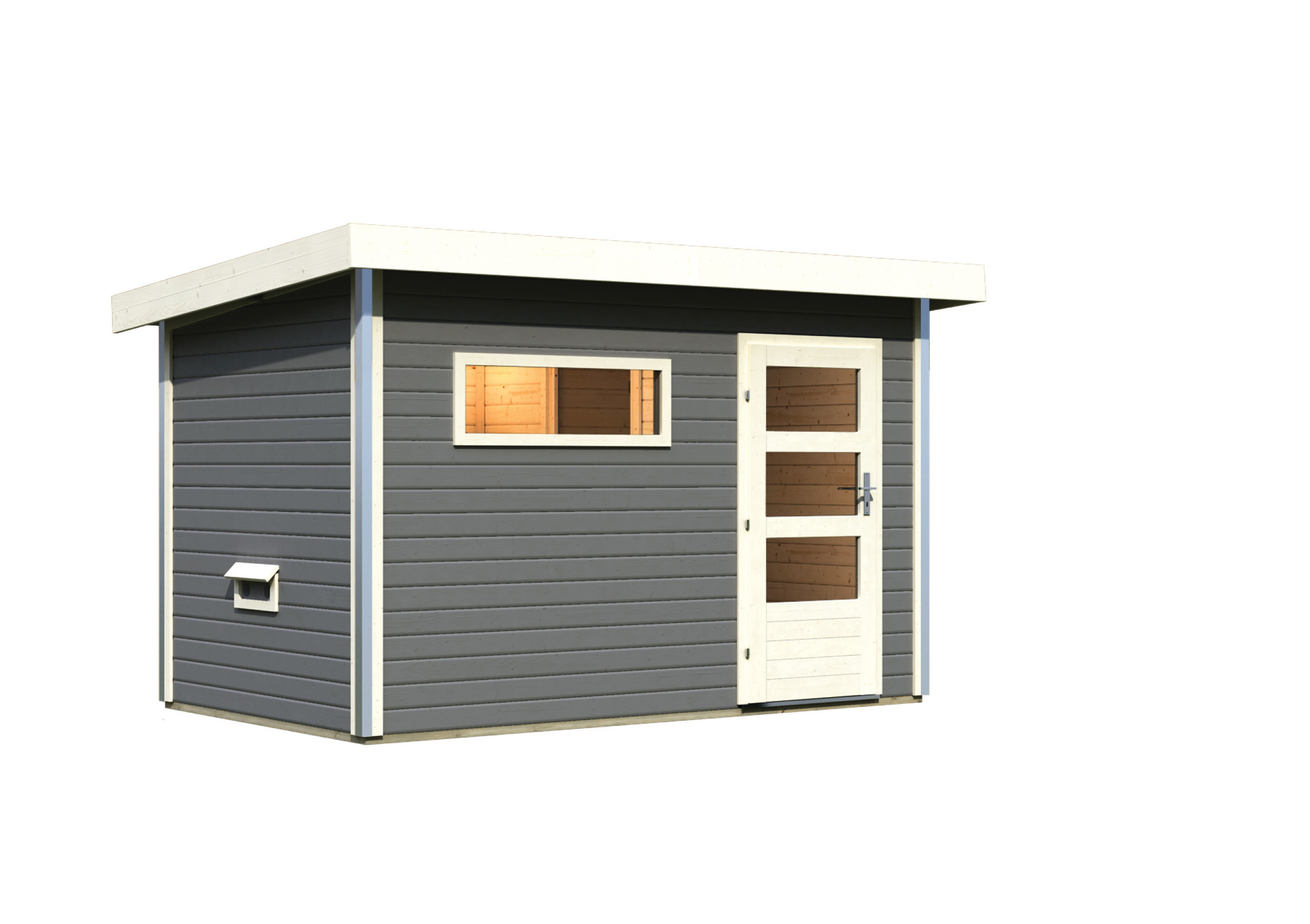 Saunahaus Schwanenburg 1, 330x196x228cm, terragrau, Holztür mit Fenstern + Saunafenster