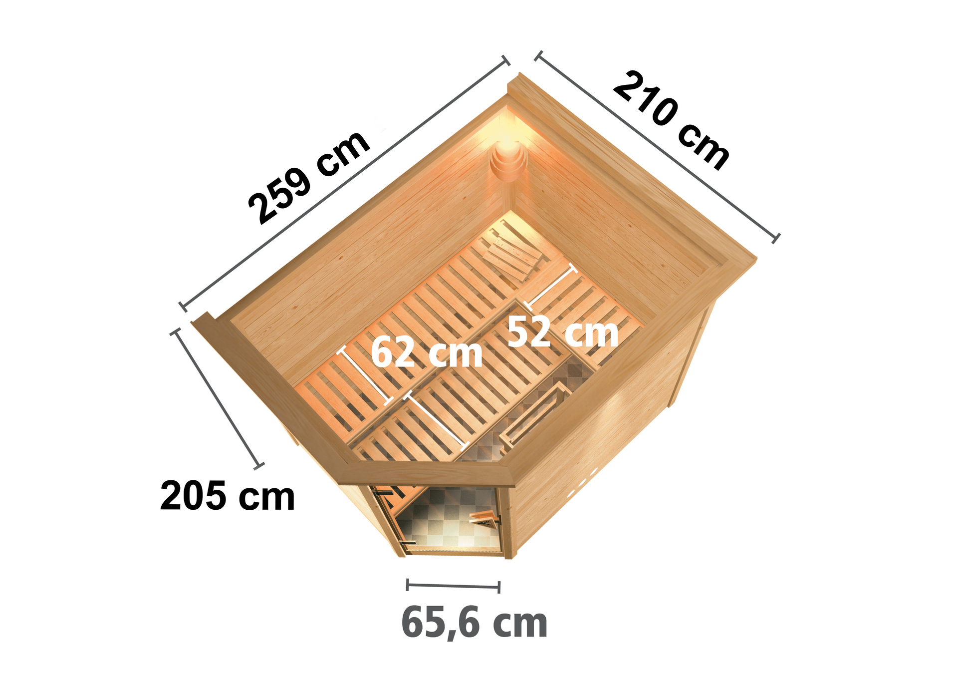 Sauna Kärdla 236x184x208cm mit Zubehör-Set, Eckeinstieg