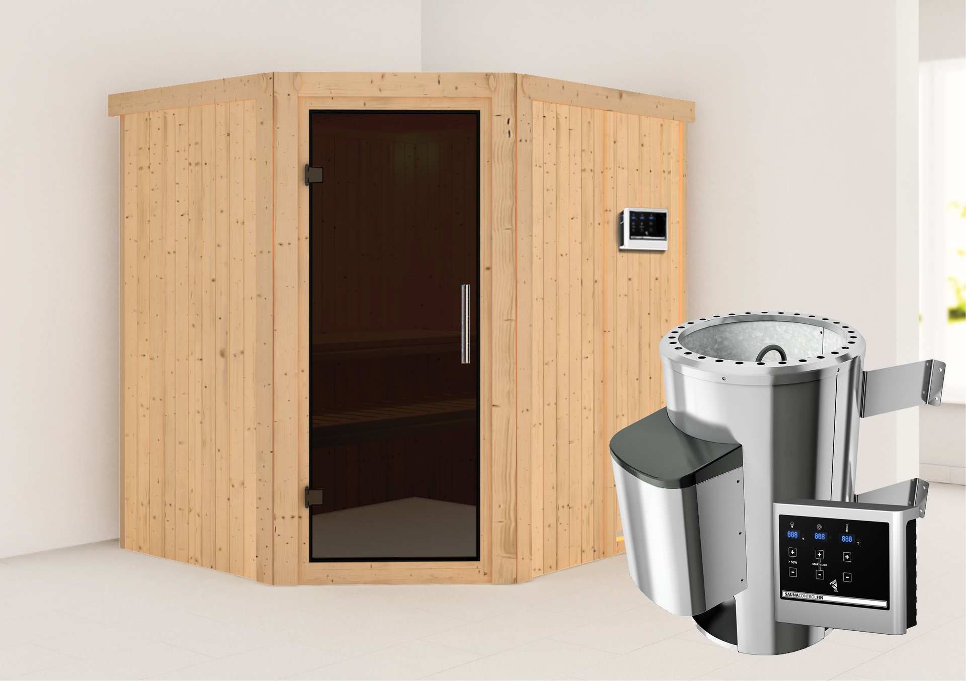 Sauna Talsen mit Zubehör-Set, 196x170x198 cm, Eckeinstieg