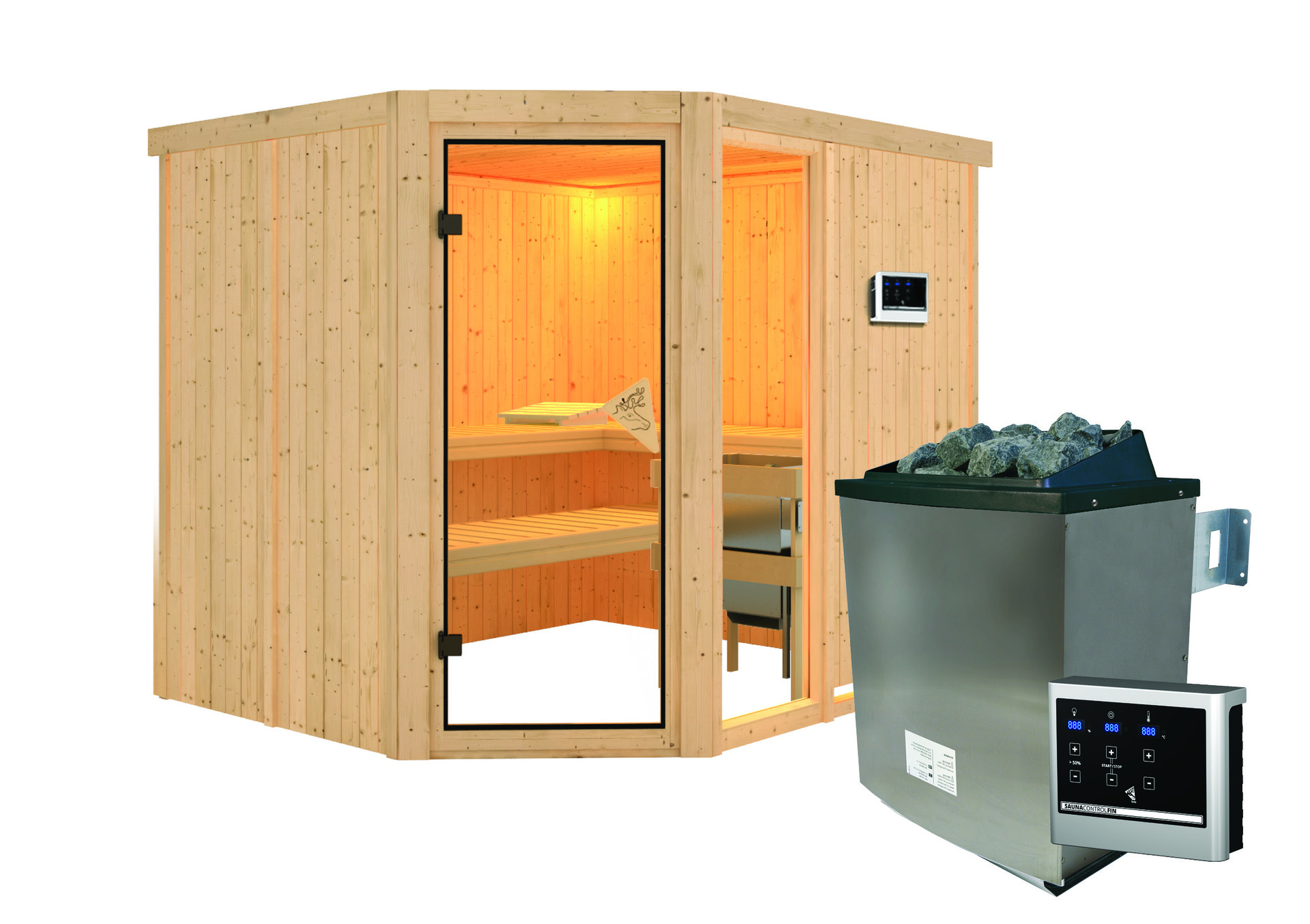 Sauna Paide 3 mit Zubehör-Set, 231x196x198cm, Eckeinstieg