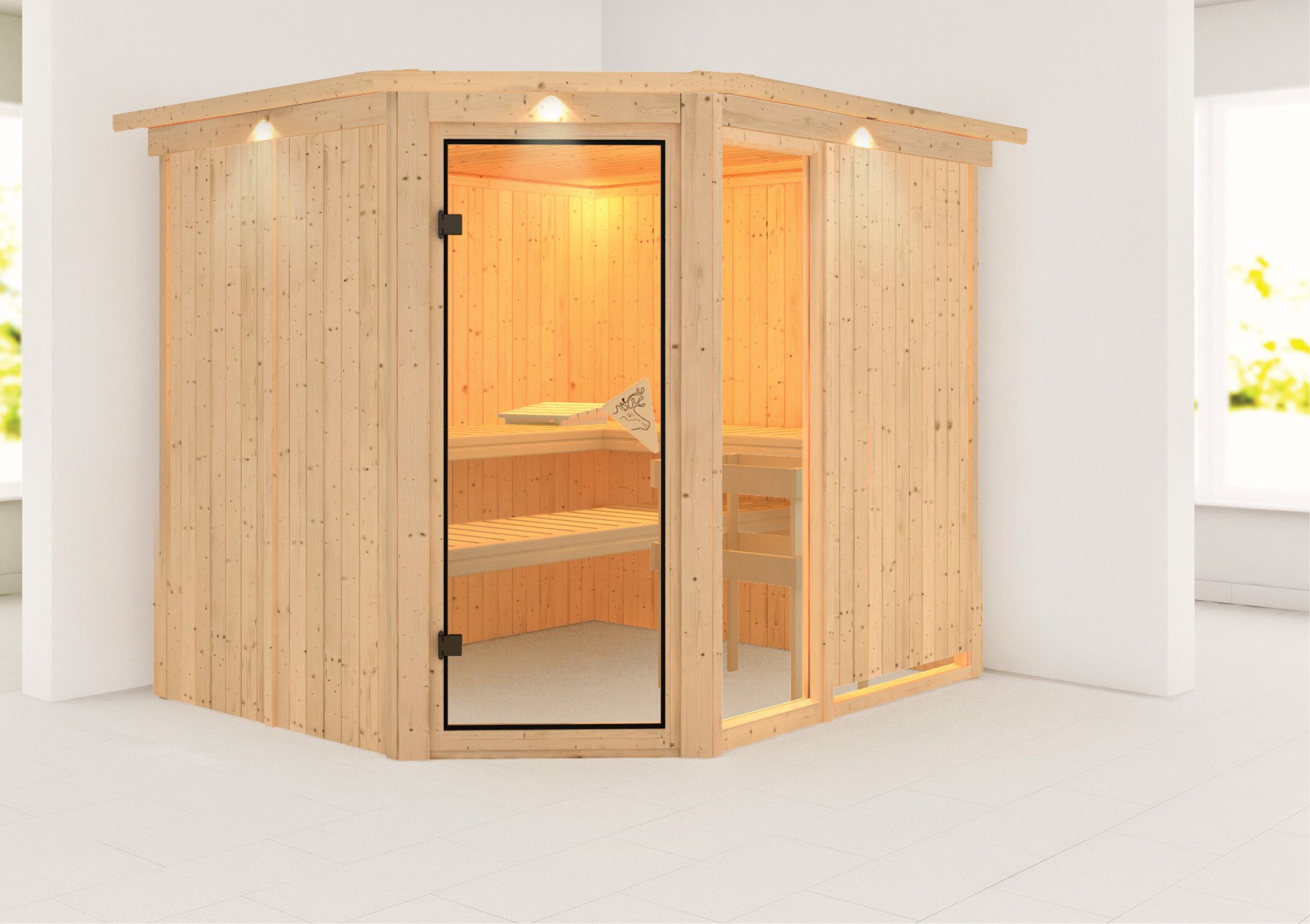 Sauna Paide 3 mit Zubehör-Set, 231x196x198cm, Eckeinstieg