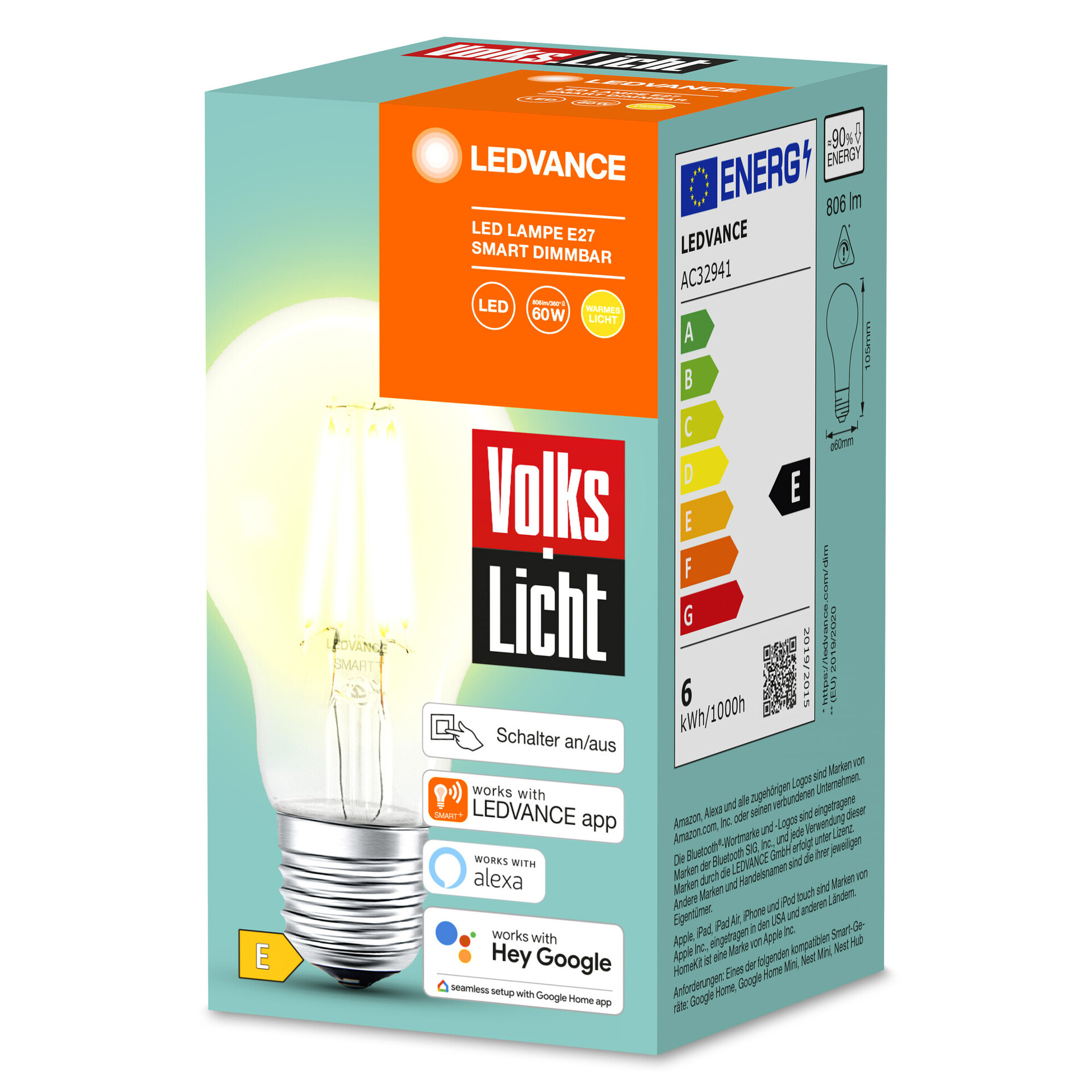 Smart+ Volkslampe Filament Bt 60 Birne E27 6W 806Lm