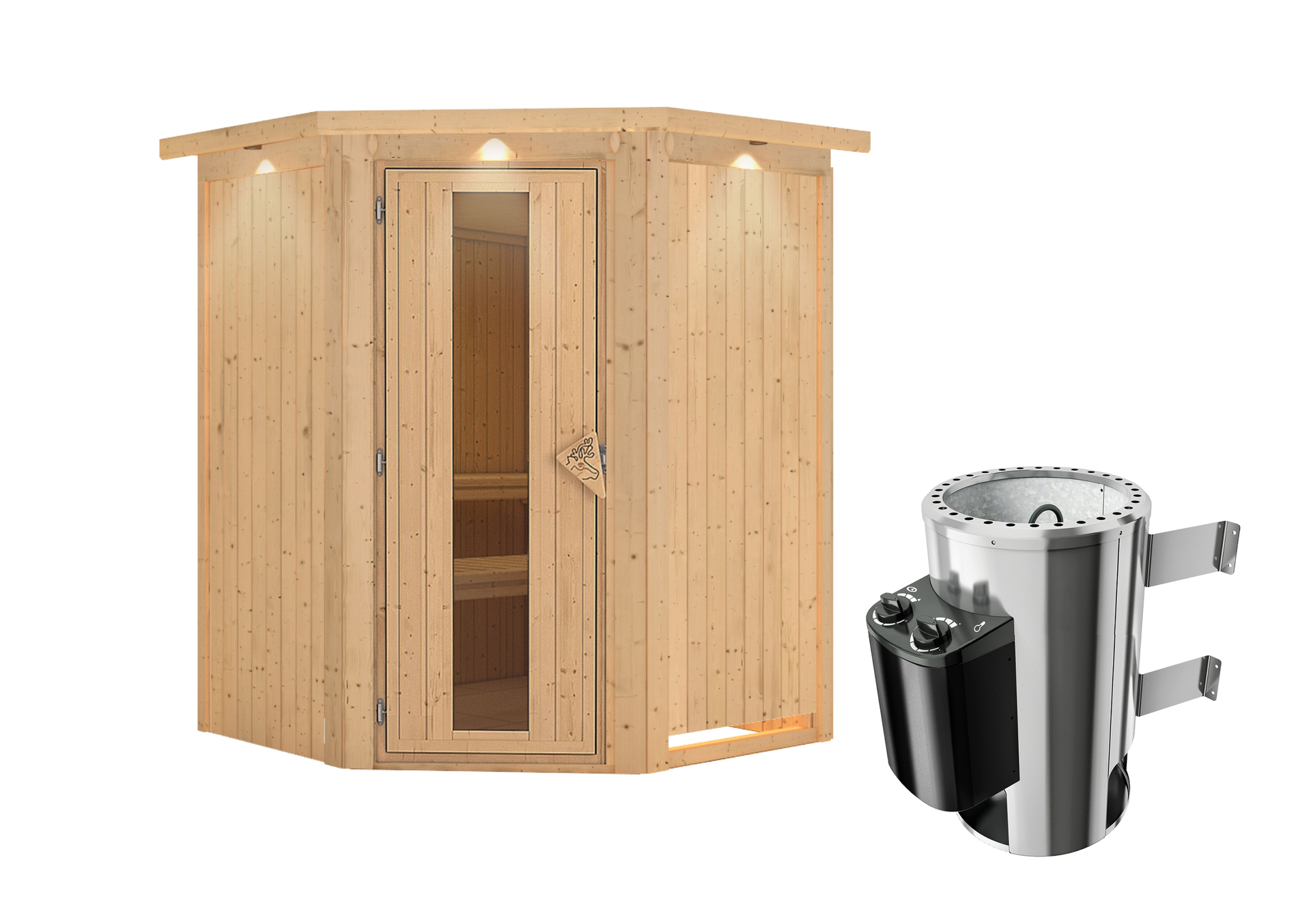 Sauna Wolmar mit Zubehör-Set, 151x151x198cm, Eckeinstieg
