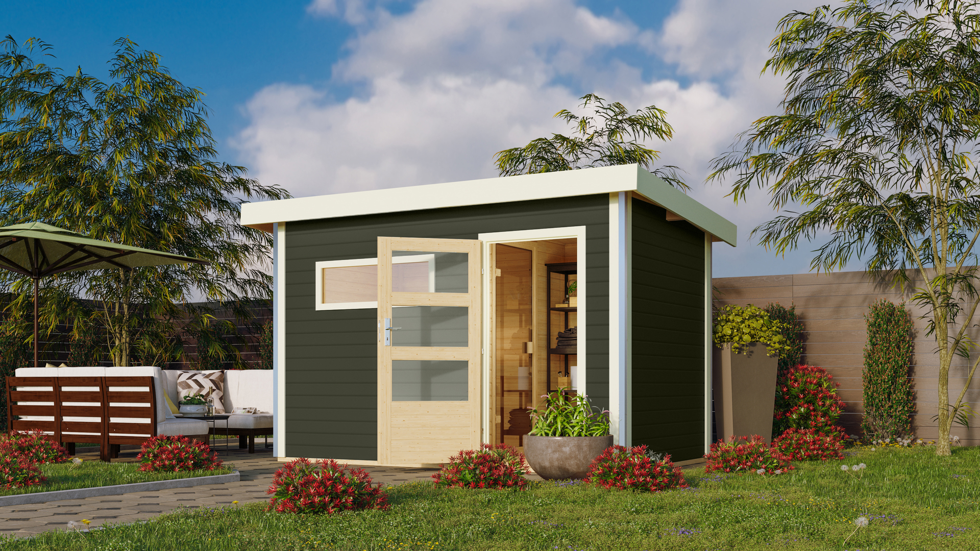 Saunahaus Schwanenburg 1, 330x196x228cm, terragrau, Holztür mit Fenstern + Saunafenster