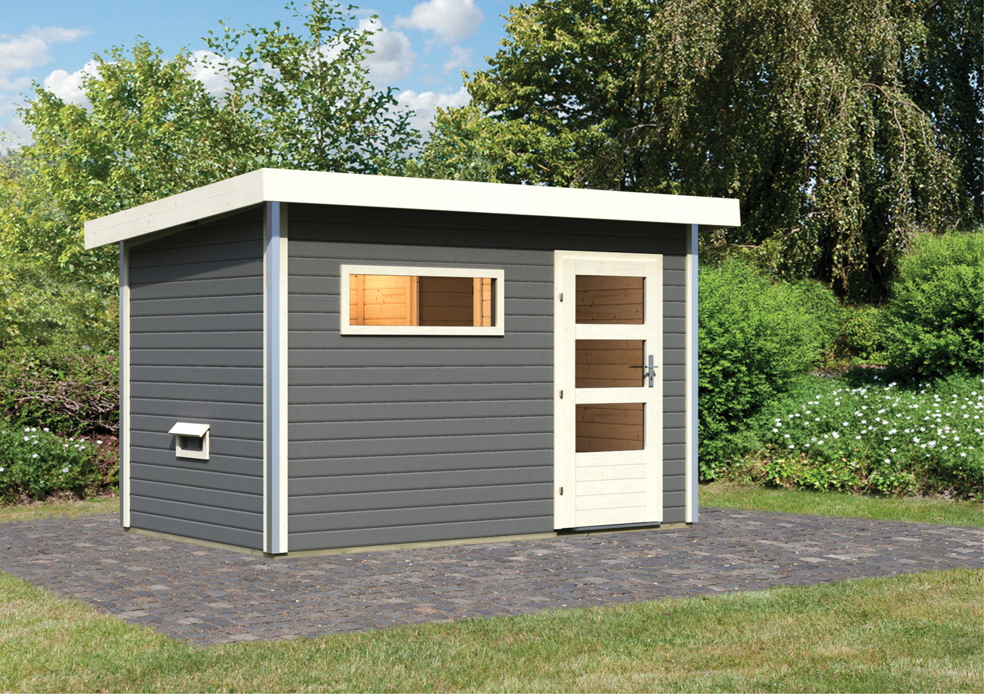 Saunahaus Schwanenburg 1, 330x196x228cm, terragrau, Holztür mit Fenstern + Saunafenster