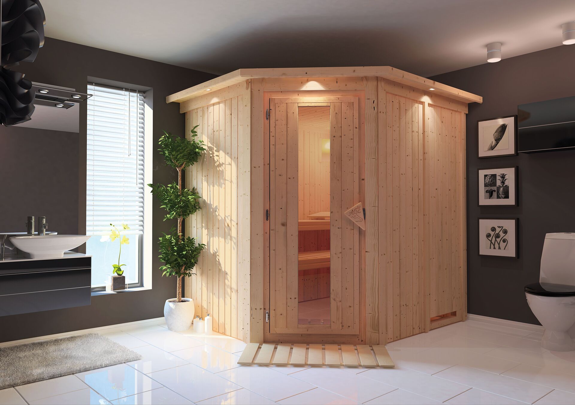 Sauna Talsen mit Zubehör-Set, 196x170x198 cm, Eckeinstieg